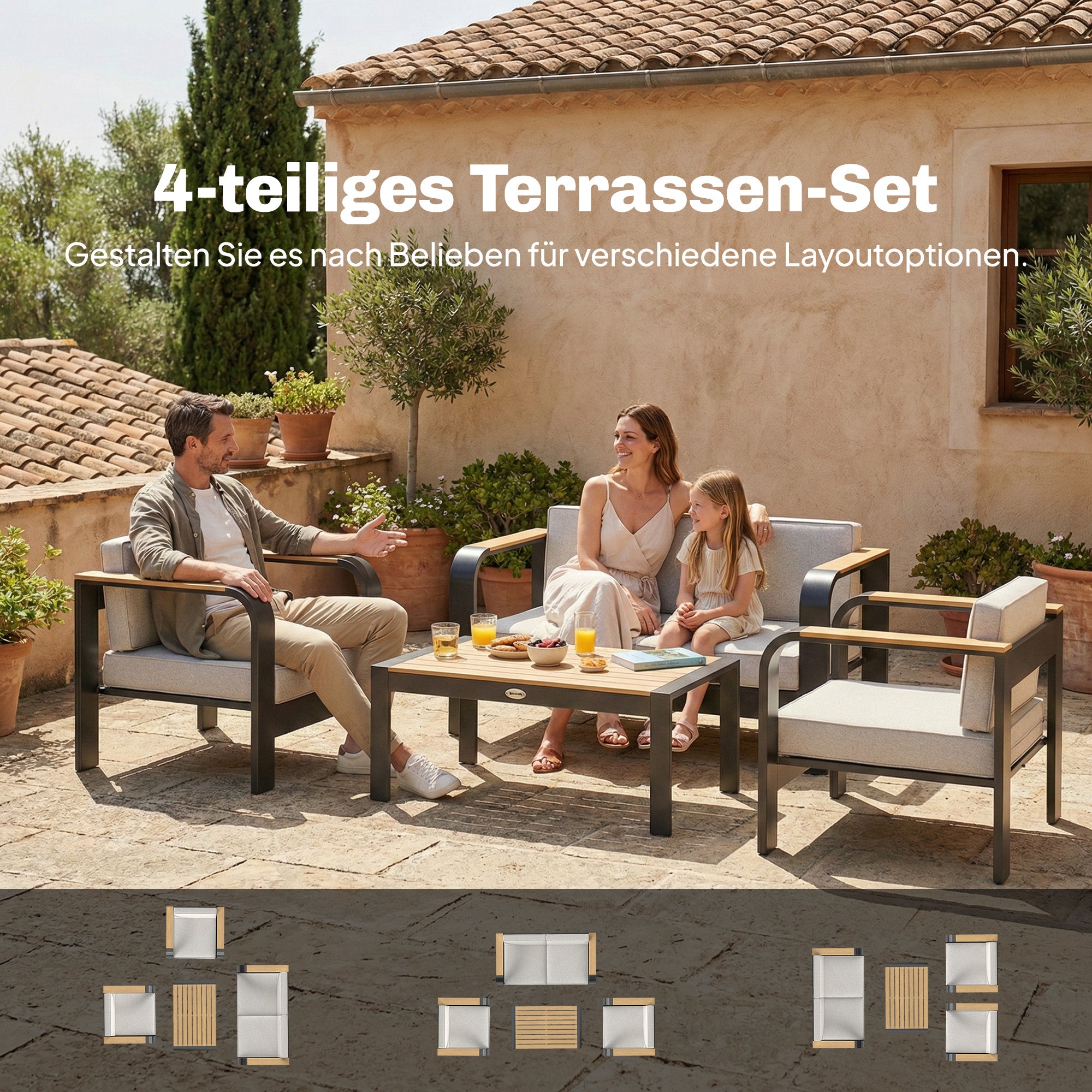 Solarias Ensemble de jardin en aluminium pour 4 personnes résistant à l'eau extra profond avec canapé 2 places et 2 fauteuil