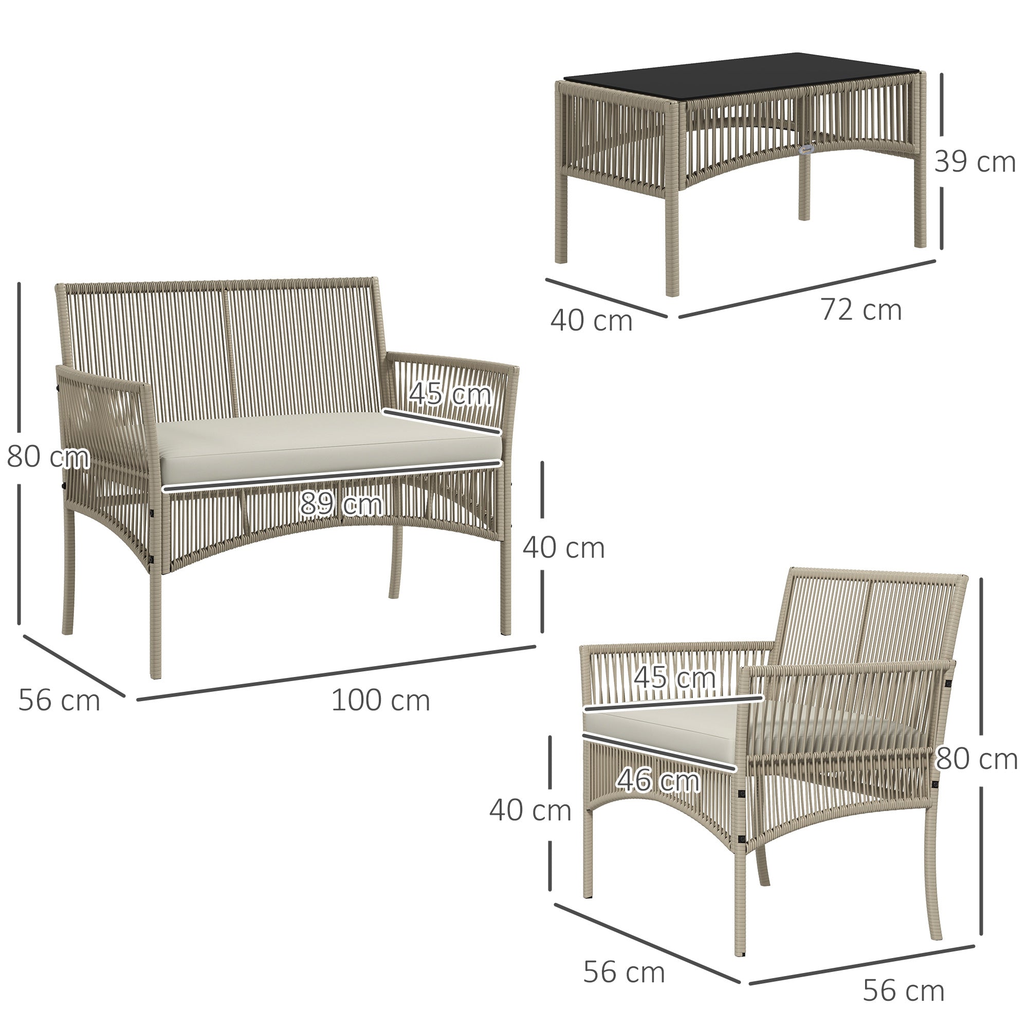 Solarias Ensemble salon de jardin 4 pièces canapé 2 places 2 fauteuils 1 table basse plateau verre trempé