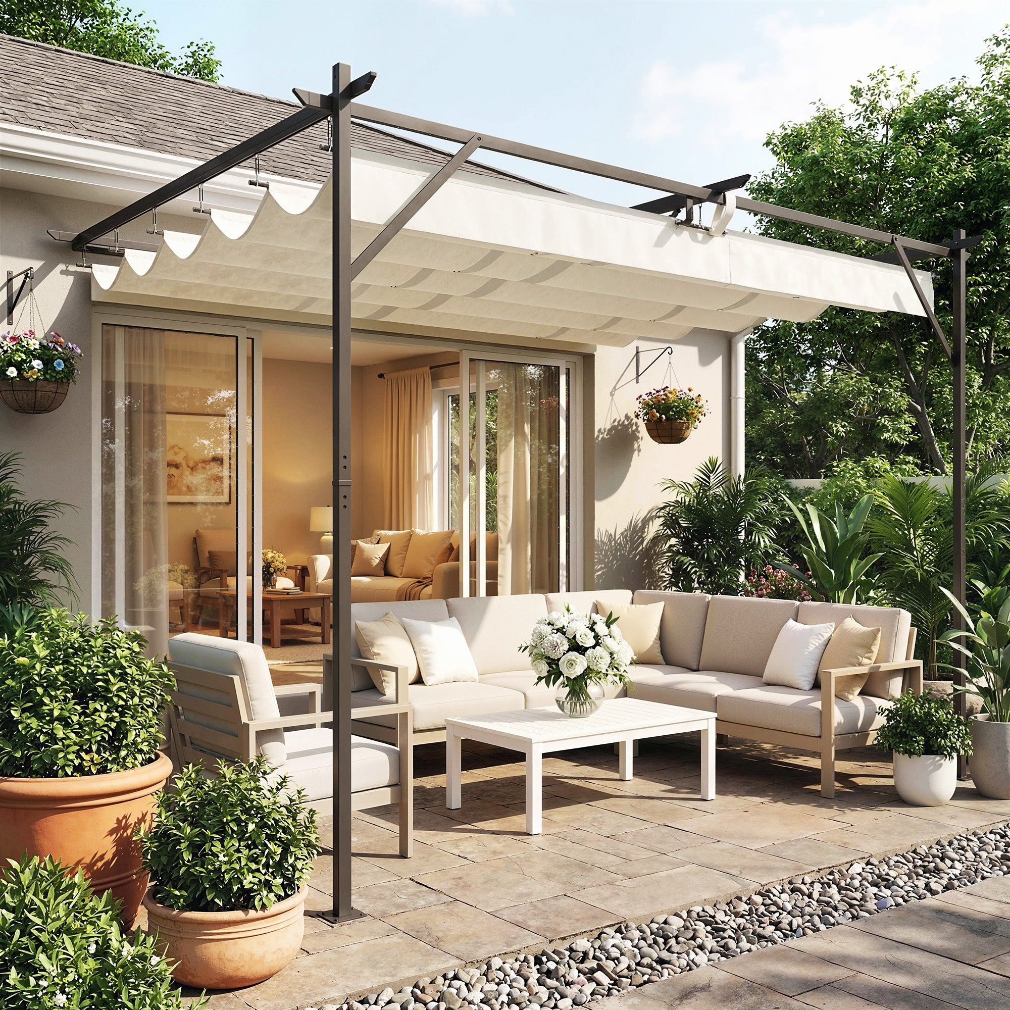Solarias Toit de terrasse Pergola env. 4 x 3 m, toiture réglable, fixation murale, UV30+, Blanc crème