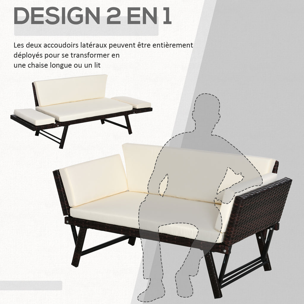 Solarias Canapé lit de jardin extensible 3 places grand confort 4 coussins écru inclus résine tressée imitation rotin chocol