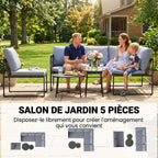 Solarias Salon de Jardin Extérieur 5 Pièces, 2 Canapés, 2 Tables, 1 Chaise, Pochette de Rangement, 182x167x65cm, Gris Foncé