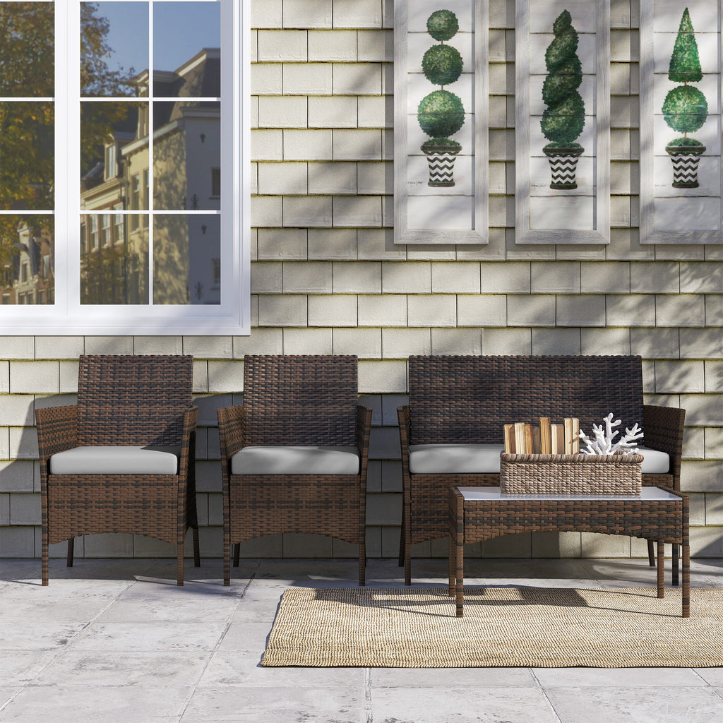 Solarias Ensemble de meubles de jardin en rotin synthétique avec canapé, fauteuils et table en verre trempé et coussins marr