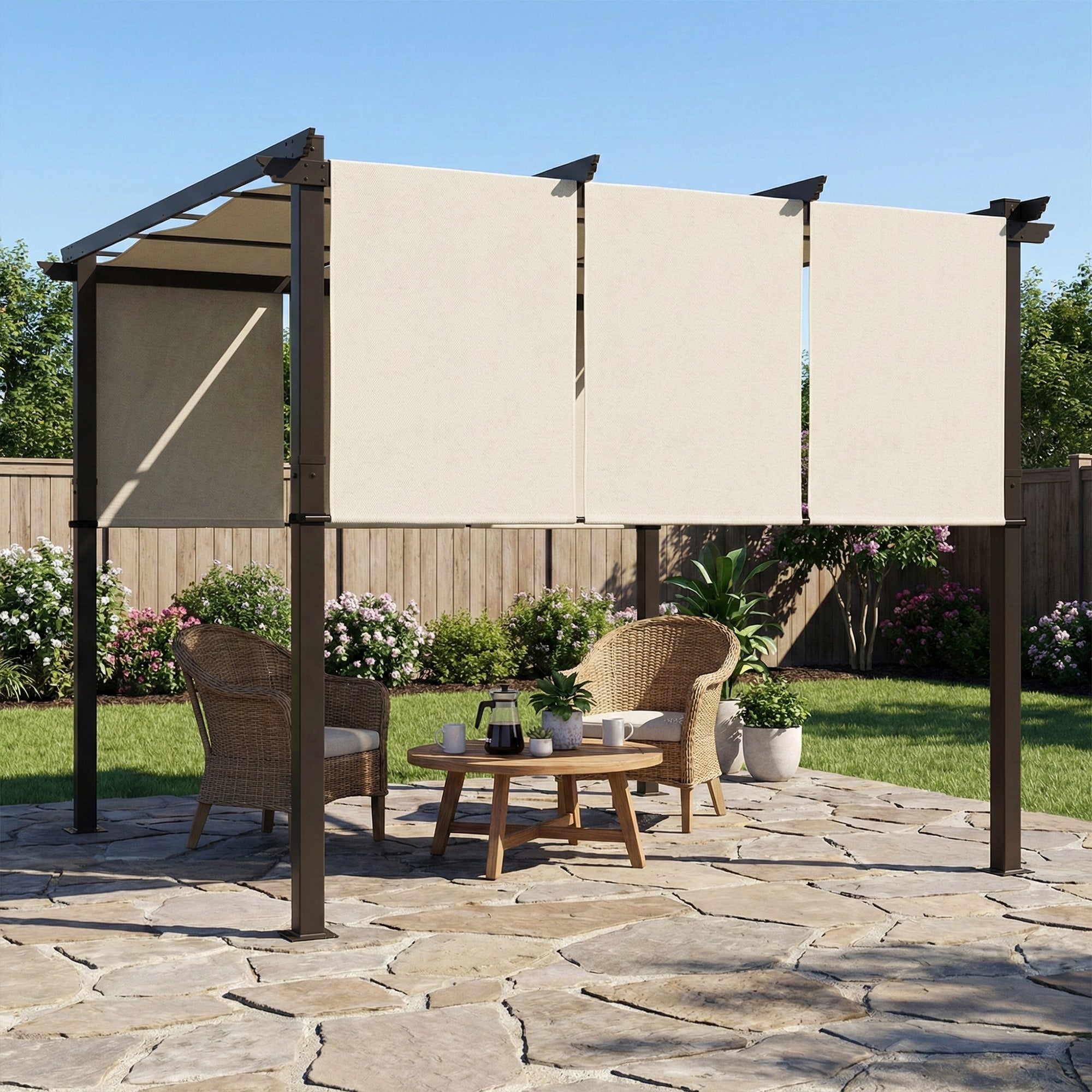 Solarias Pergola avec 3 toiles coulissantes 3 x 3 x 2,38 m structure acier noir toile polyester haute densité beige