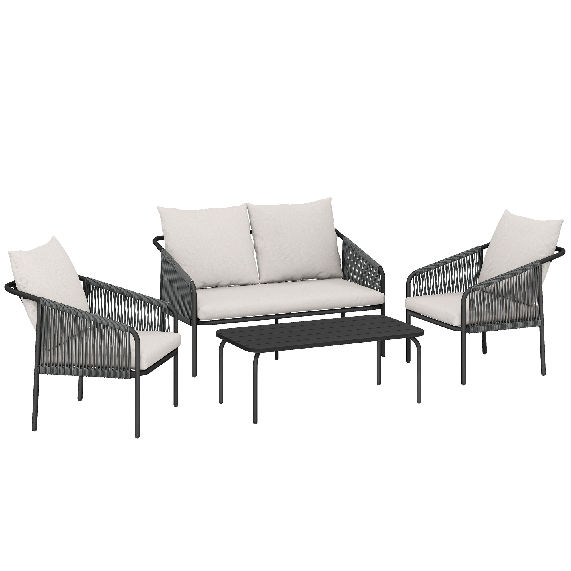 Solarias Ensemble de jardin 4 pièces Polyrattan salon avec canapé 2 places 2 fauteuils table basse coussins amovibles sangle