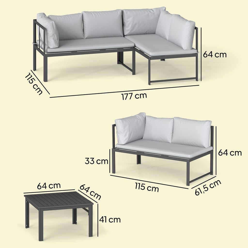 Solarias Salon de Jardin Mobilier de Terrasse 3 Pièces 4 Places Modulable avec Accoudoir Réglable Coussins Épais 16cm Gris