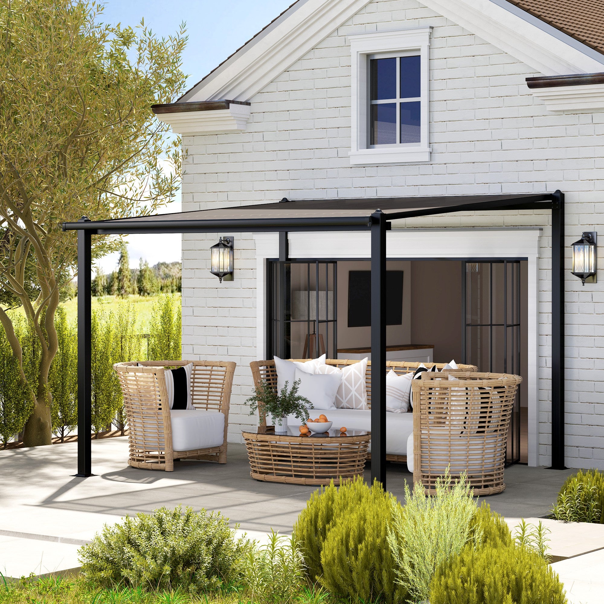 Solarias Pergola jardin extérieur en aluminium 3 x 3 m avec toit en polycarbonate imperméable et système de drainage, gris