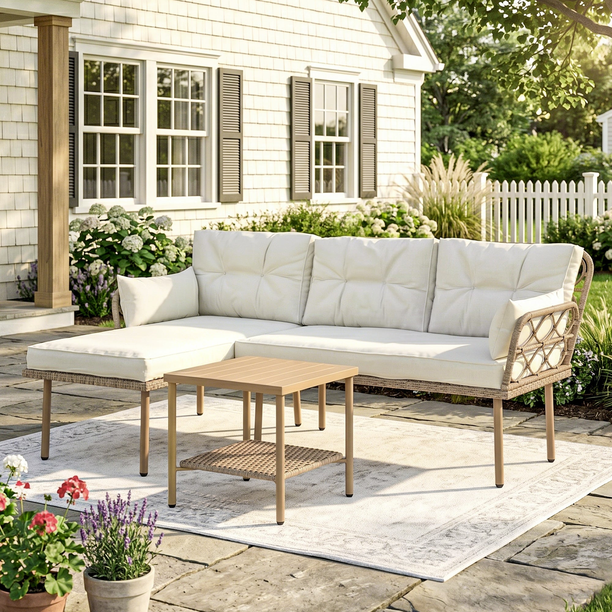 Solarias Salon de jardin d'angle 4 pers. 3 pièces avec 1 table basse coussins grand confort inclus résine tressée crème