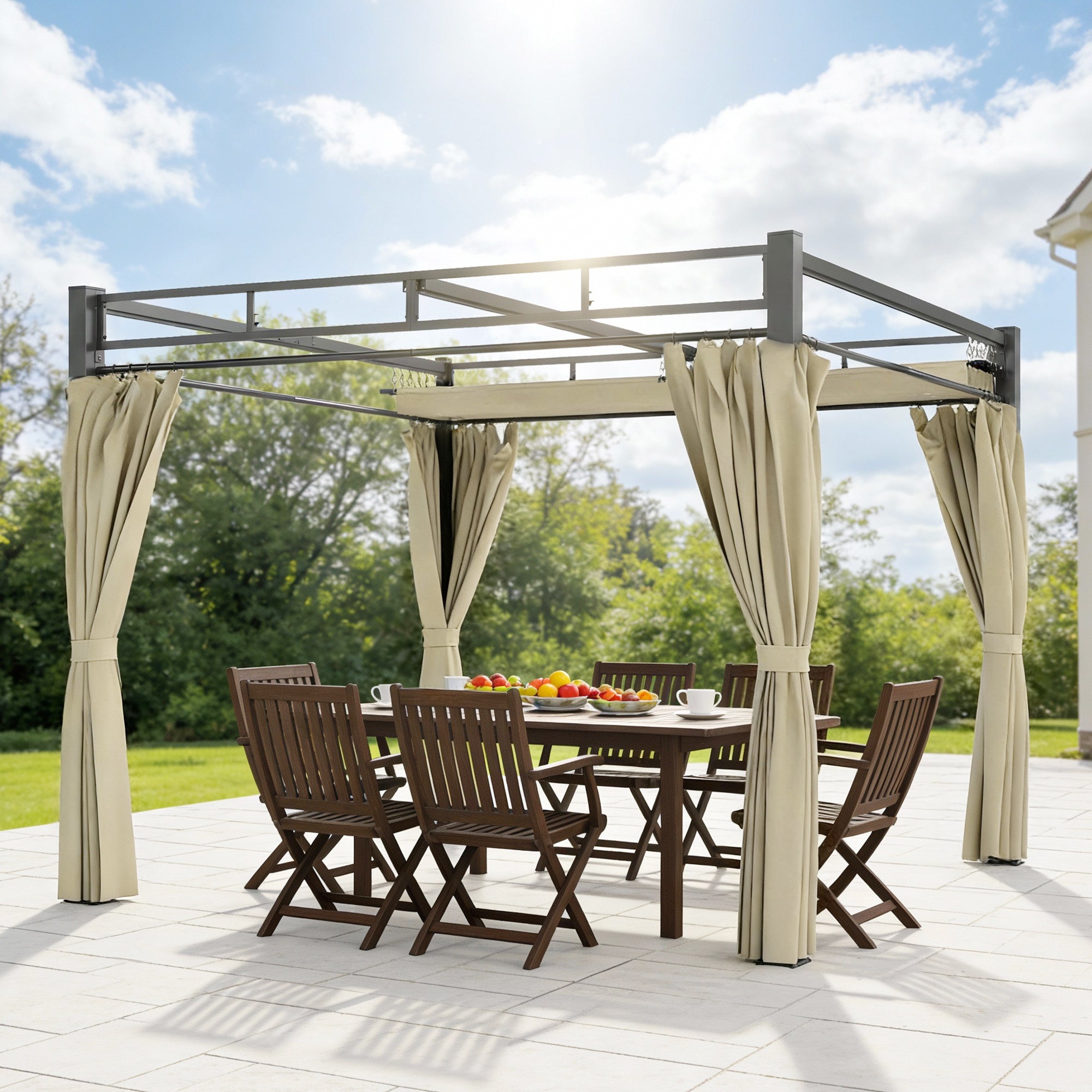 Solarias Pergola de Jardin Tonnelle de Jardin Extérieur Toit Rétractable 4 Rideaux Protection UV30+3x3m Beige