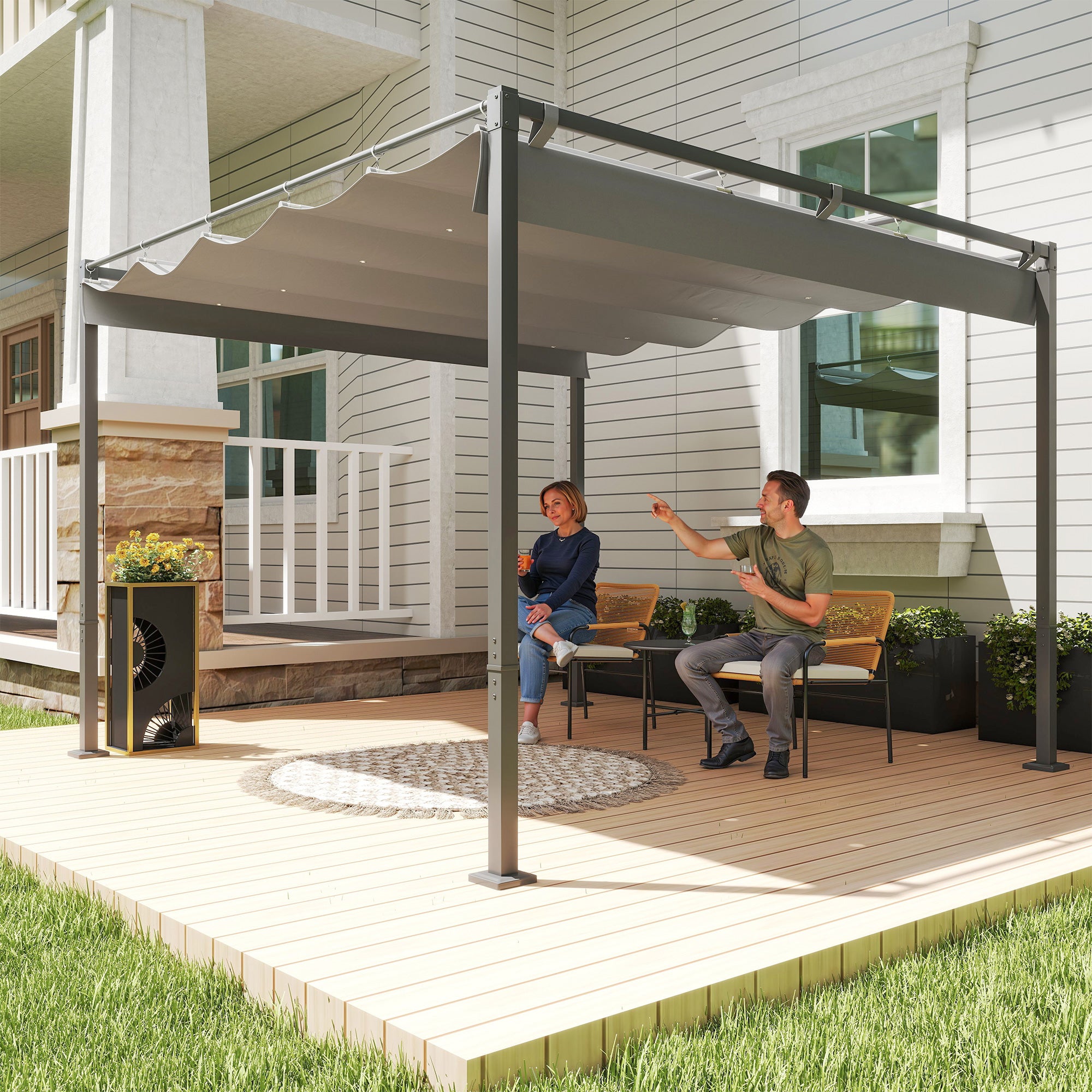 Solarias Pergola Rétractable Coulissante 3 x 3 m tonnelle de Jardin à fixation magnétique Tissu Polyester Haute densité gris