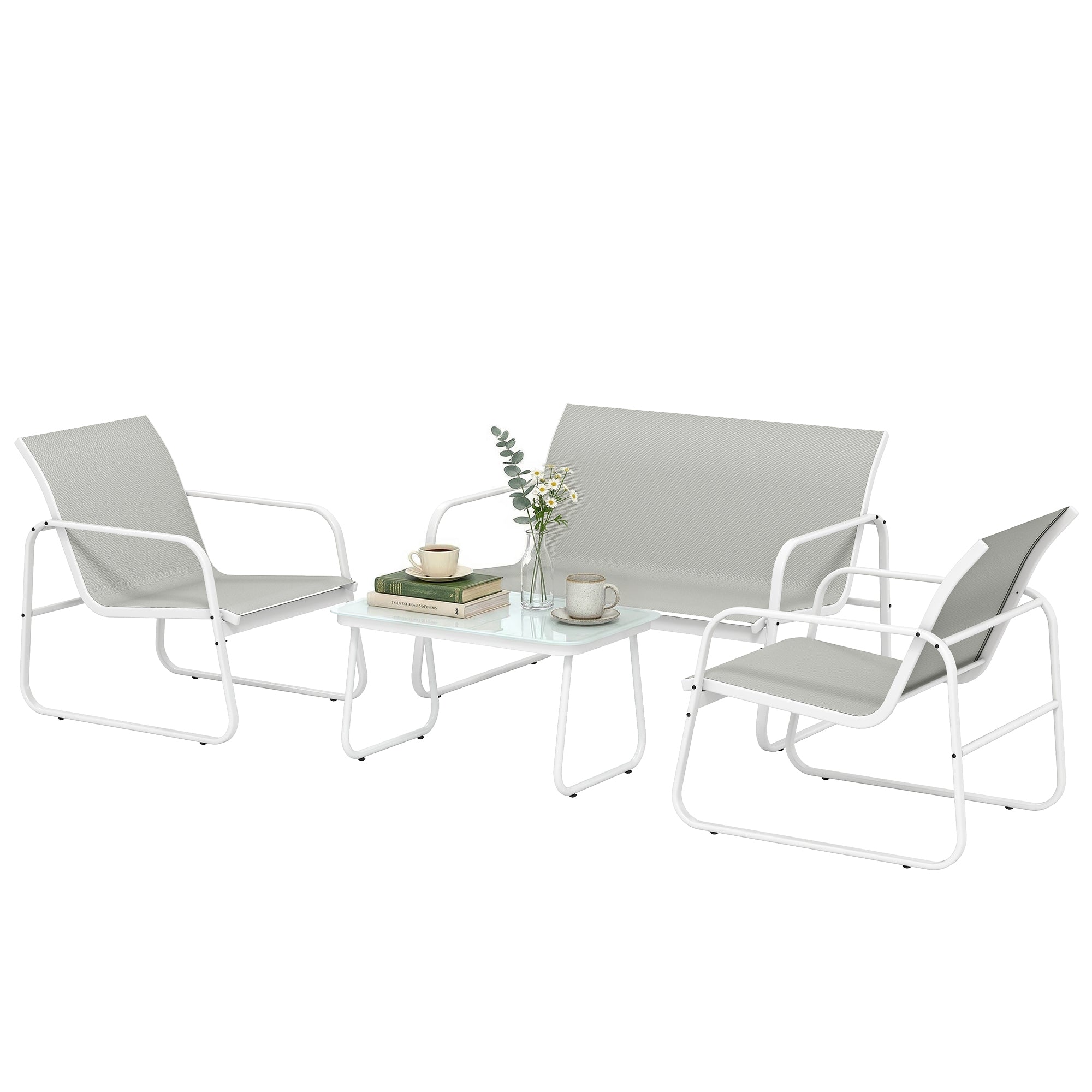 Solarias Ensemble Jardin Extérieur 4 Pièces avec Canapé 2 Places 2 Fauteuils Table en Verre Trempé Tissu Textilene Gris Clar