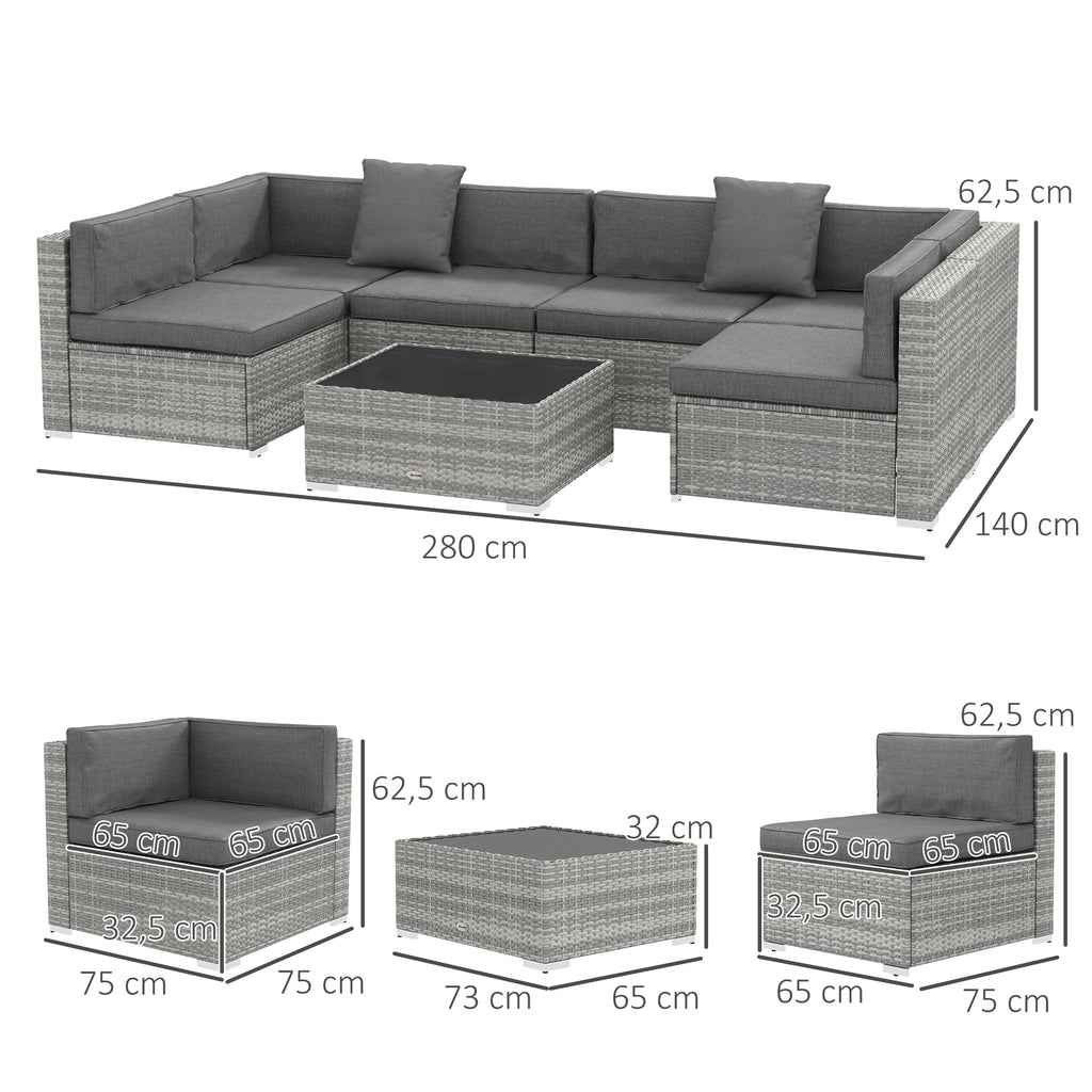 Solarias Ensemble salon de jardin 7 pièces modulables table basse plateau verre trempé coussins déhoussables inclus gris