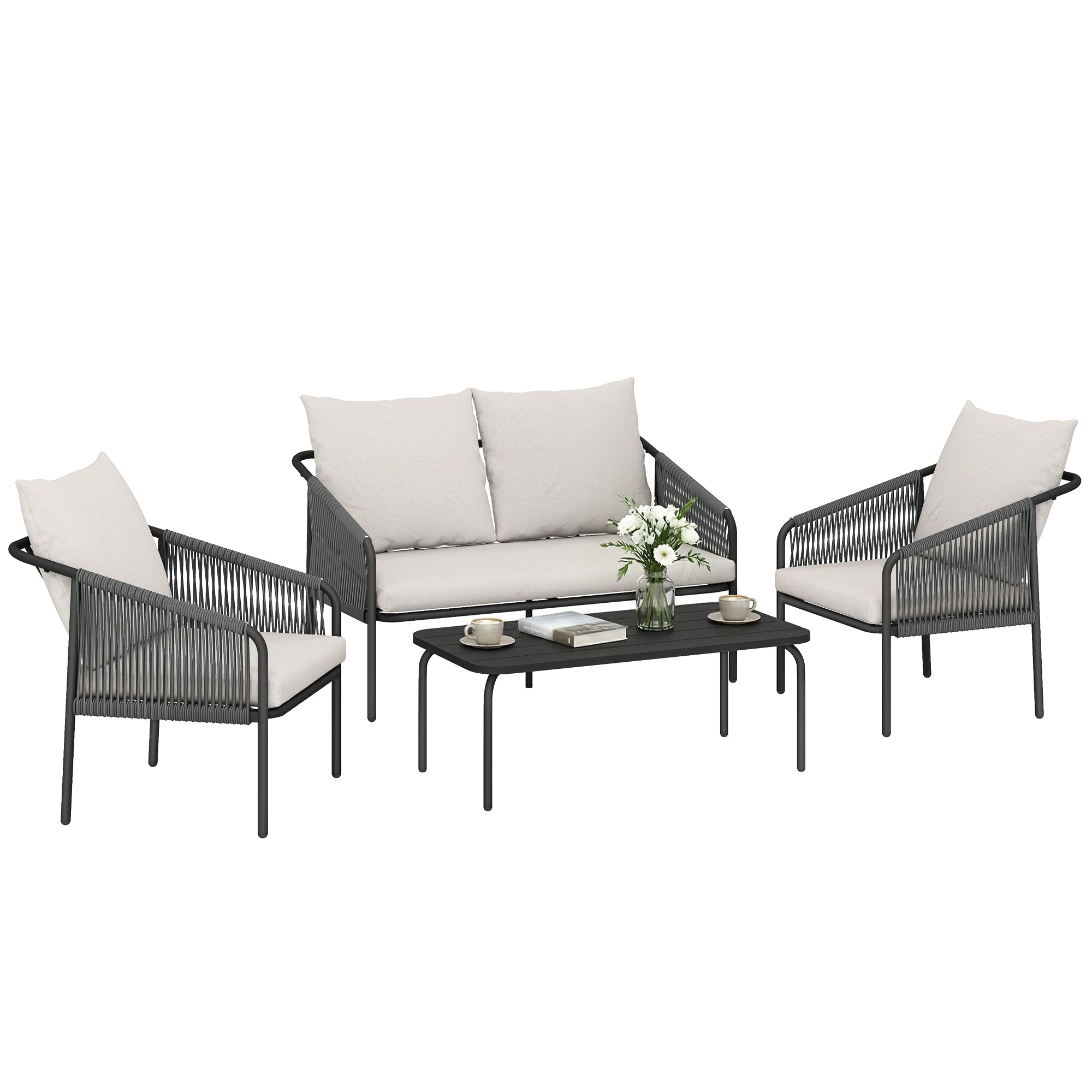 Solarias Ensemble de jardin 4 pièces Polyrattan salon avec canapé 2 places 2 fauteuils table basse coussins amovibles sangle