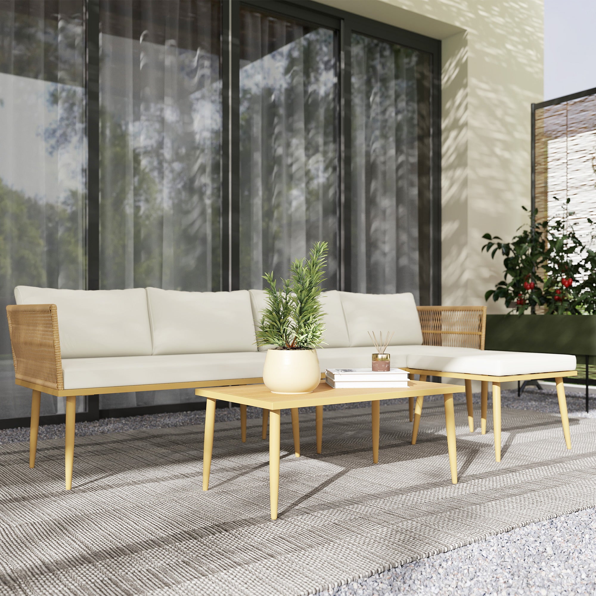 Solarias Salon de jardin extérieur en résine tressée 5 places modulable 2 canapés, pouf et table basse, coussins inclus, crè