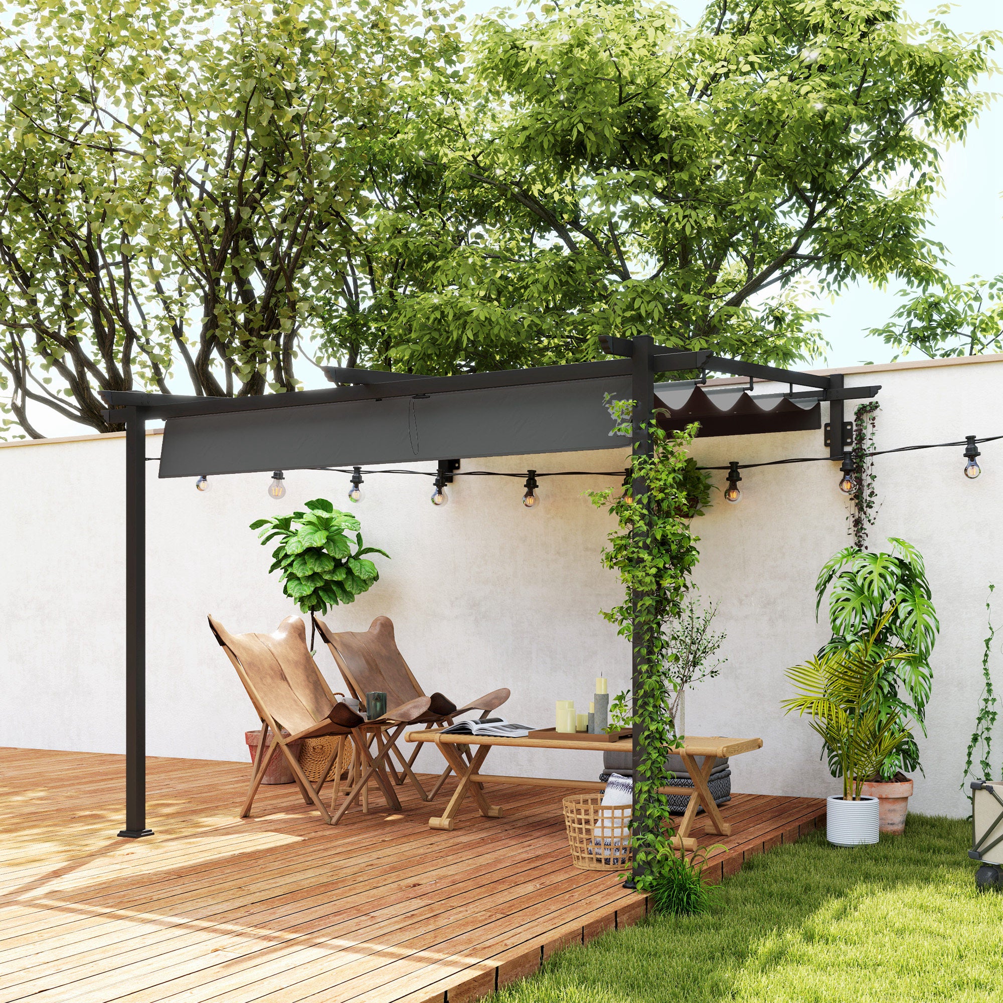 Solarias Pavillon, 3 x 3 m Pergola, Toit de terrasse coupe-vent, Montage mural, Toit ajustable, pour Jardin, Terrasse, Gris 