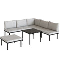 Solarias Salon de jardin extérieur d'angle modulable 6 personnes, table basse avec plateau en verre trempé, gris clair