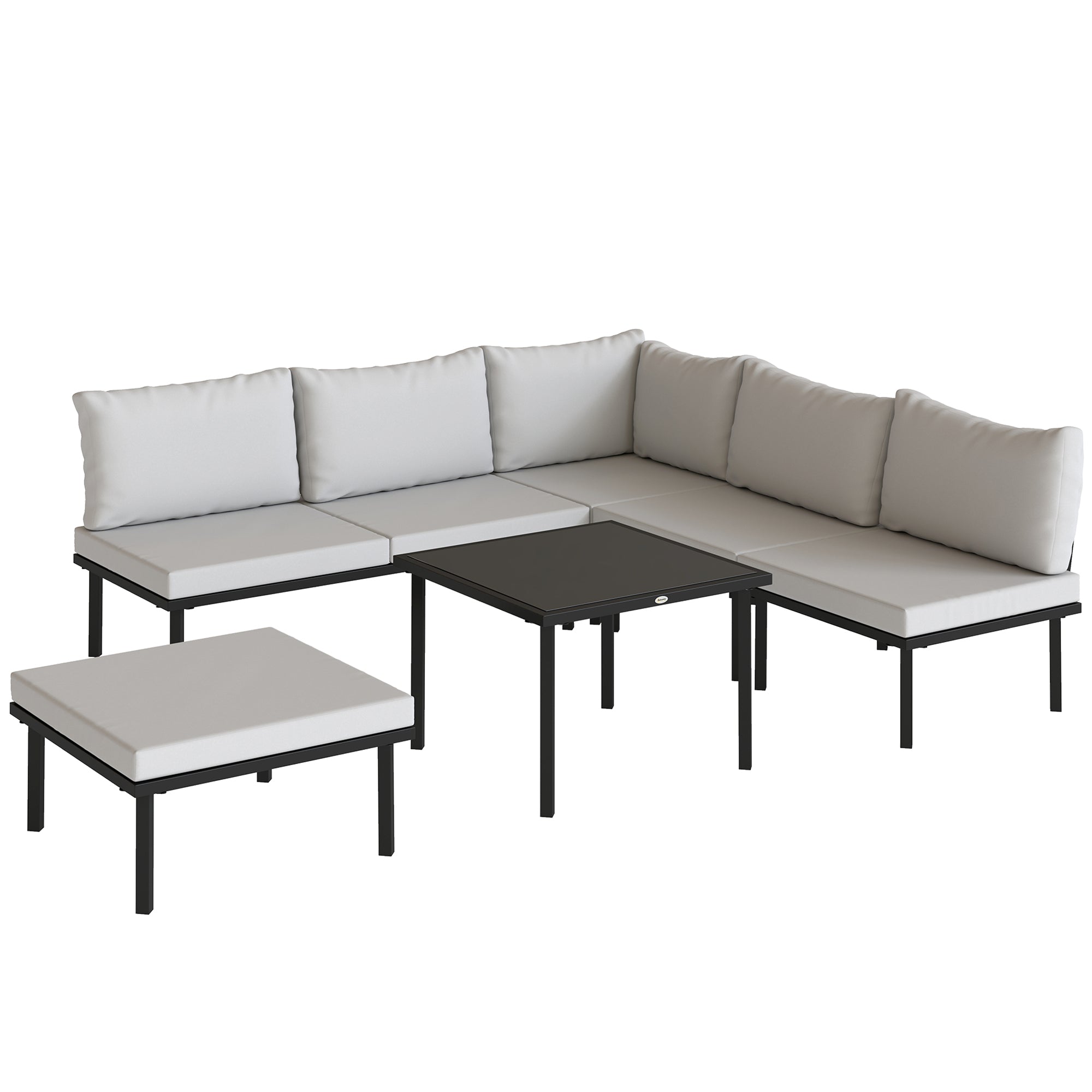 Solarias Salon de jardin extérieur d'angle modulable 6 personnes, table basse avec plateau en verre trempé, gris clair