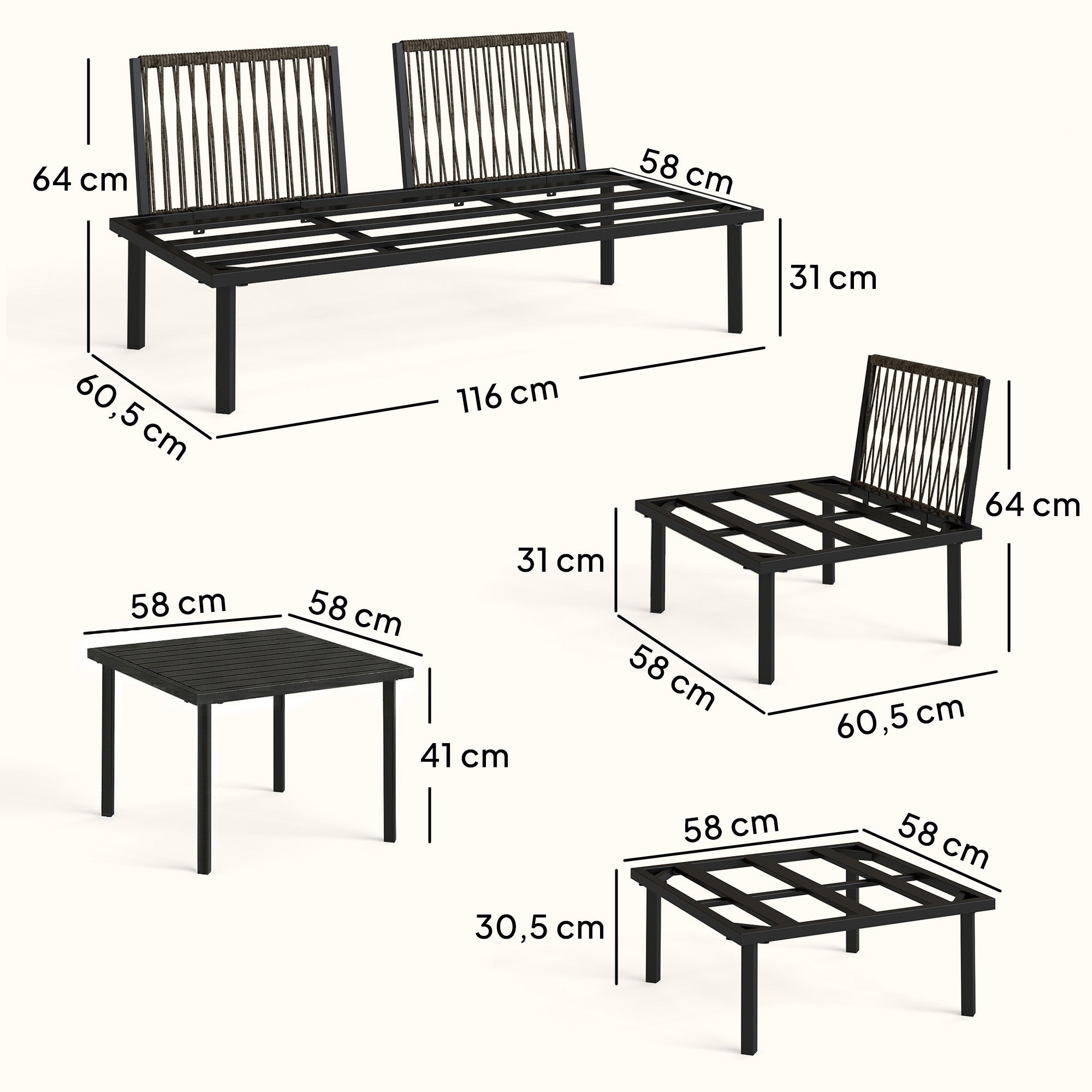Solarias Ensemble lounge de jardin 5-6 personnes Set lounge avec canapé 2 places, 2 chaises, fauteuil d'angle, table à lames