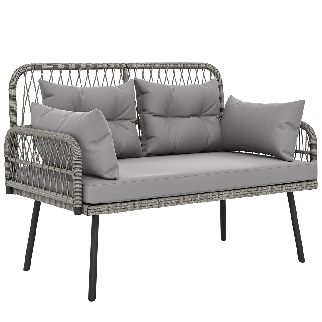 Solarias Canapé de jardin avec coussins et oreillers 2 places en résine tressée, canapé d'extérieur avec accoudoirs gris fon