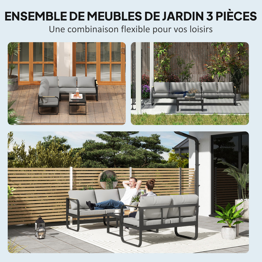 Solarias Salon de jardin extérieur 3 pièces en L avec canapés et table basse en verre, assise réglable 5 positions, gris