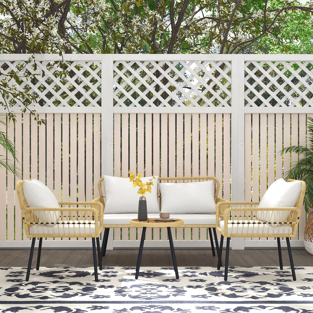 Solarias Ensemble salon de jardin 4 pièces canapé 2 places 2 fauteuils avec 7 coussins 1 table basse ronde, résine tressée