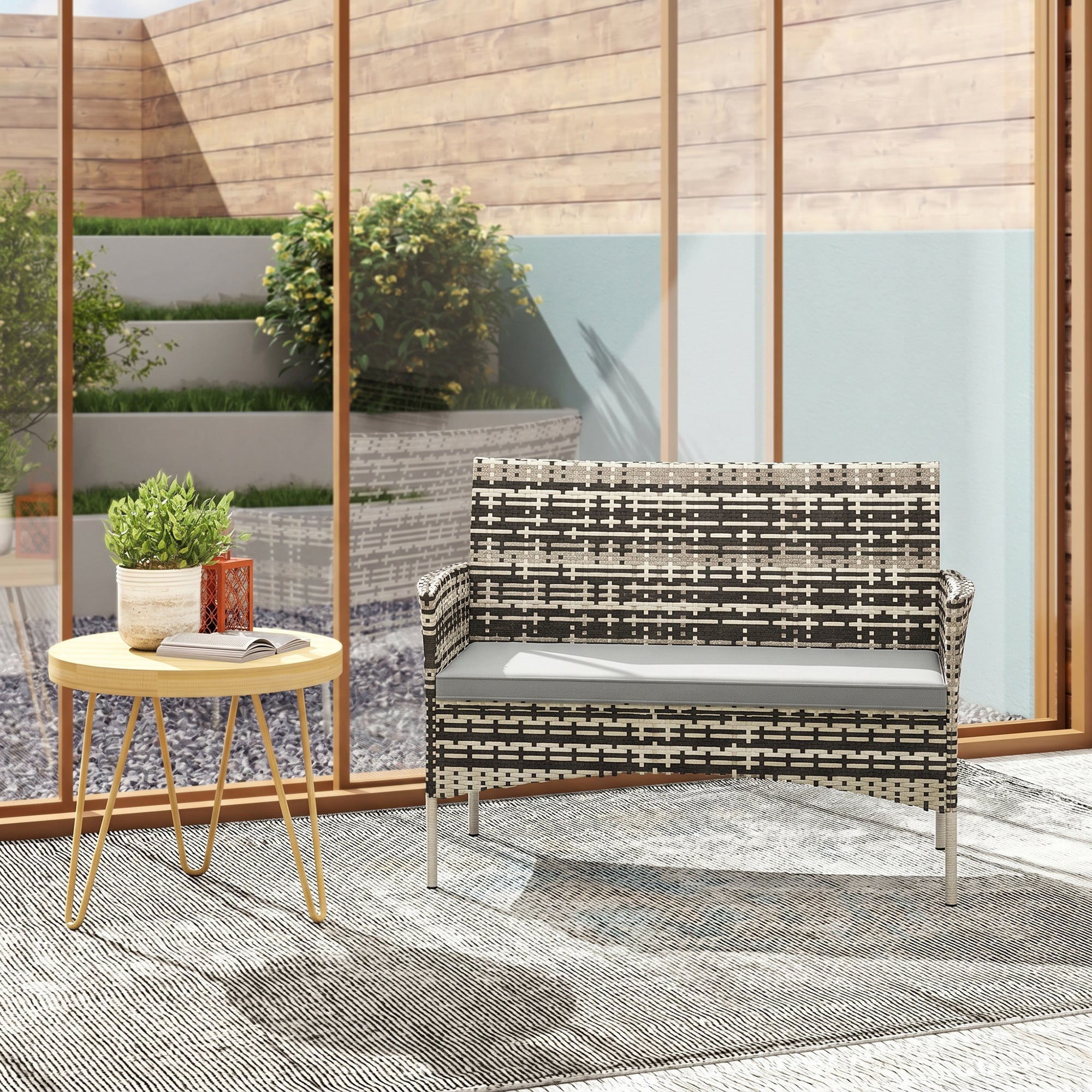 Solarias Canapé de jardin 2 places en résine tressée avec coussins canapé d'extérieur avec accoudoirs 115 x 63 x 85 cm gris 