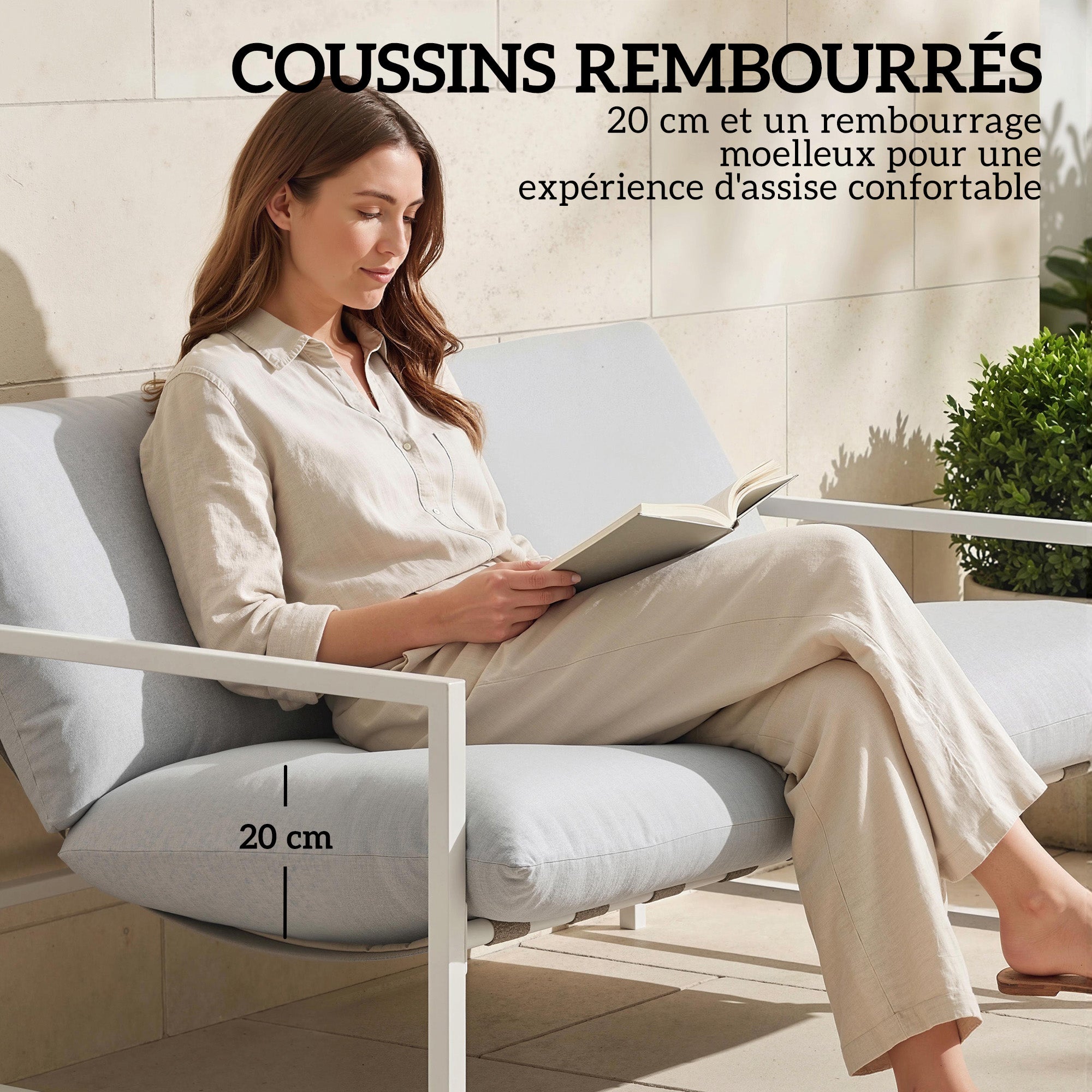 Solarias Salon de Jardin Extérieur 2 Pièces, Canapé avec Coussins, Table Basse en Verre Trempé Marbré 3D, 125x80x64cm, Gris 