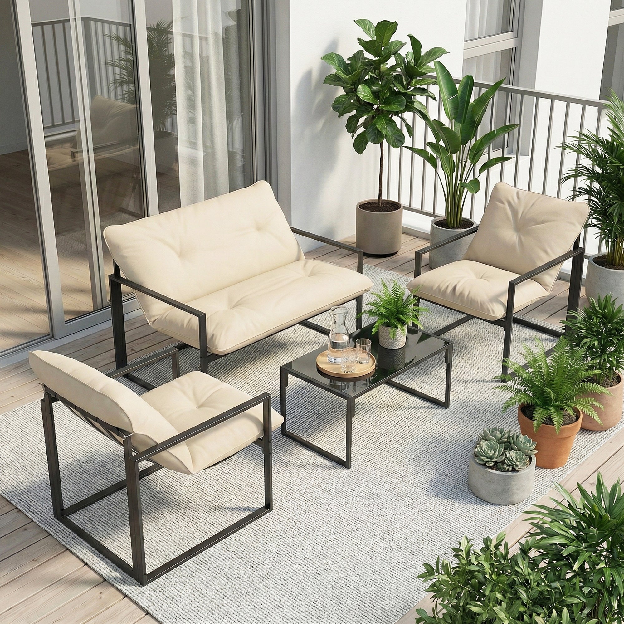 Solarias Salon de jardin 4 pièces 4 personnes avec canapé 2 places, 2 fauteuils et 1 table basse gris