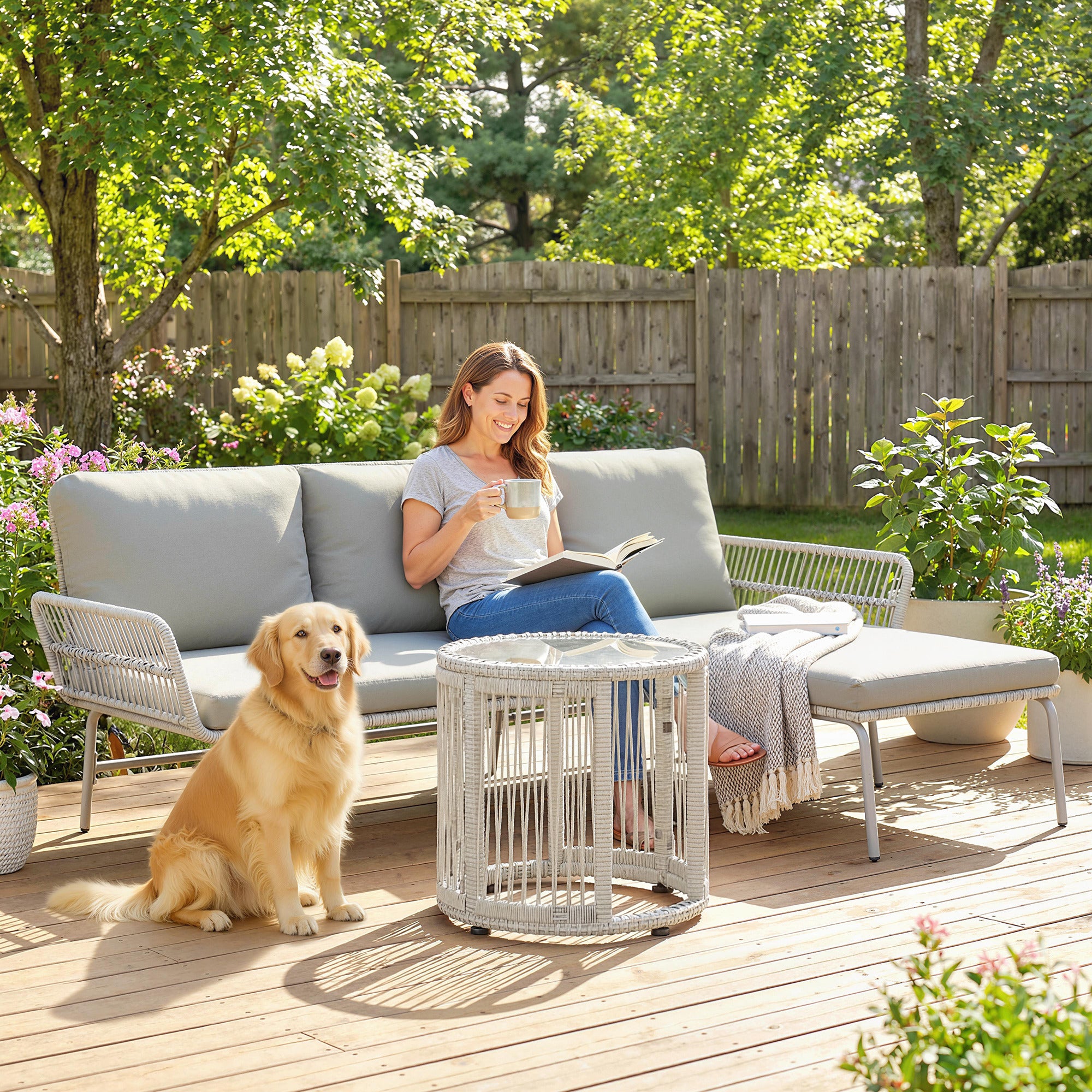 Solarias Polyrattan Set de meubles de jardin 3 pièces, salon avec chaiselongue canapé 2 places table en verre coussins amovi