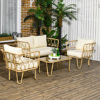 Solarias Ensemble salon de jardin canapé 2 places + 2 fauteuils + 1 table basse plateau verre trempé 7 coussins écru