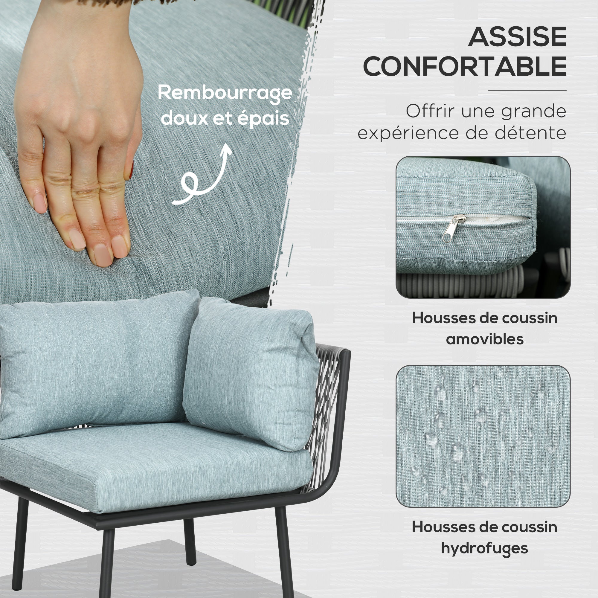 Solarias Salon de jardin d'angle 4 pièces avec 2 canapé d'angle 2 places + 1 canapé d'angle 1 place + table basse coussins g