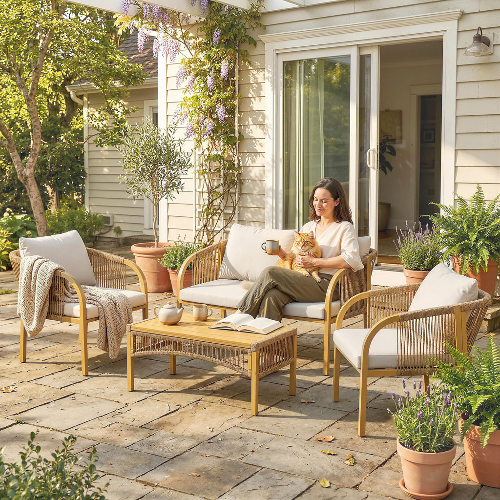 Solarias Salon de Jardin Extérieur 4 Pièces avec Canapé 2 Fauteuils Table Coussins, Acier Résine Tressée, 120x72x73cm, Kaki