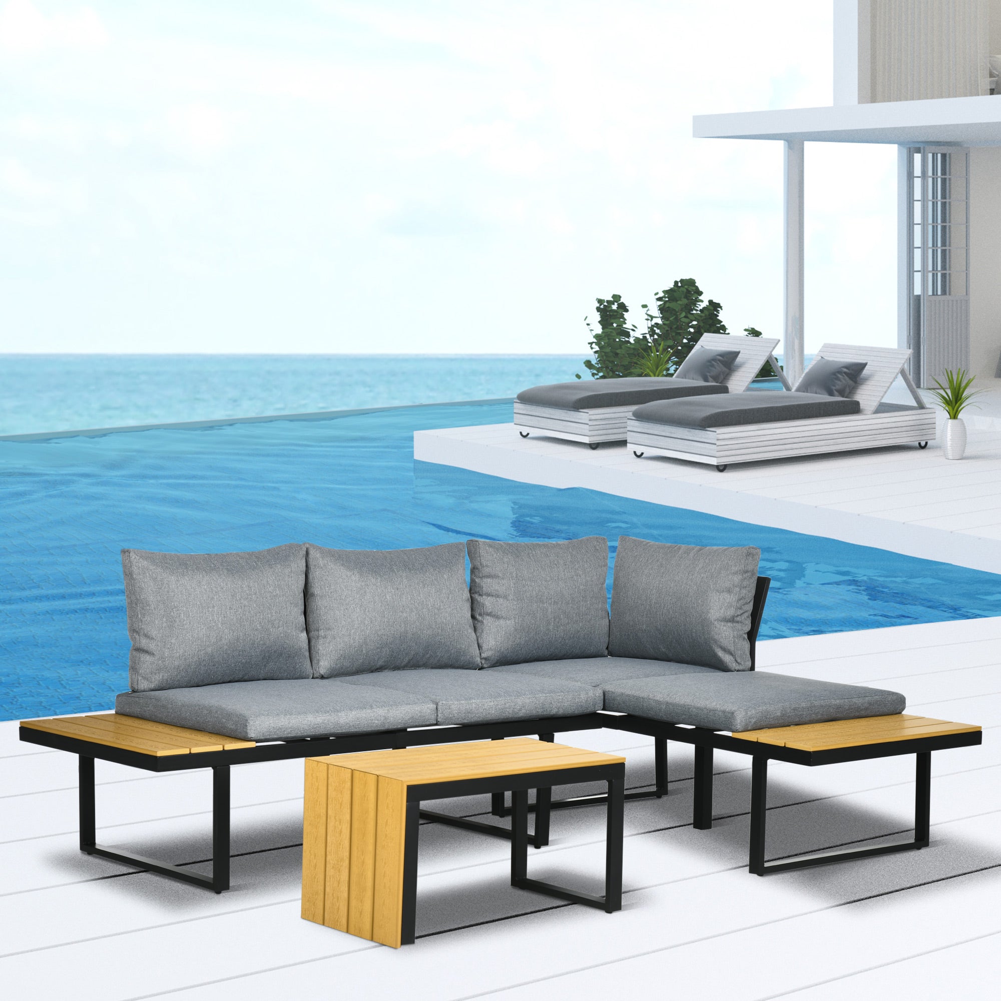 Solarias Salon de Jardin d'angle modulable avec table basse aluminium 5 places 3 pièces 8 coussins inlcus gris foncé