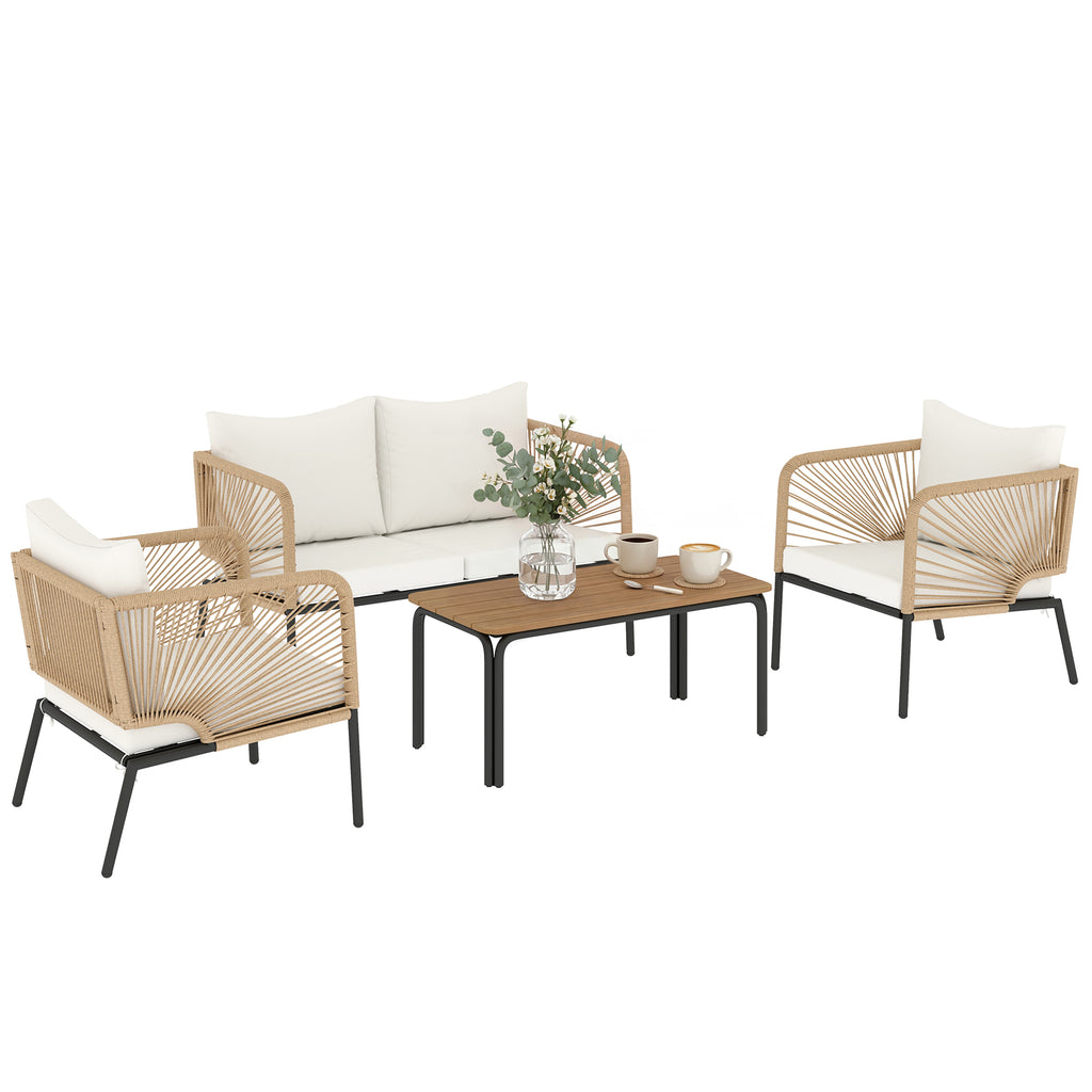 Solarias Ensemble de jardin pour 4 personnes, salon de jardin avec canapé 2 places, 2 fauteuils, table à lames, tressage cor