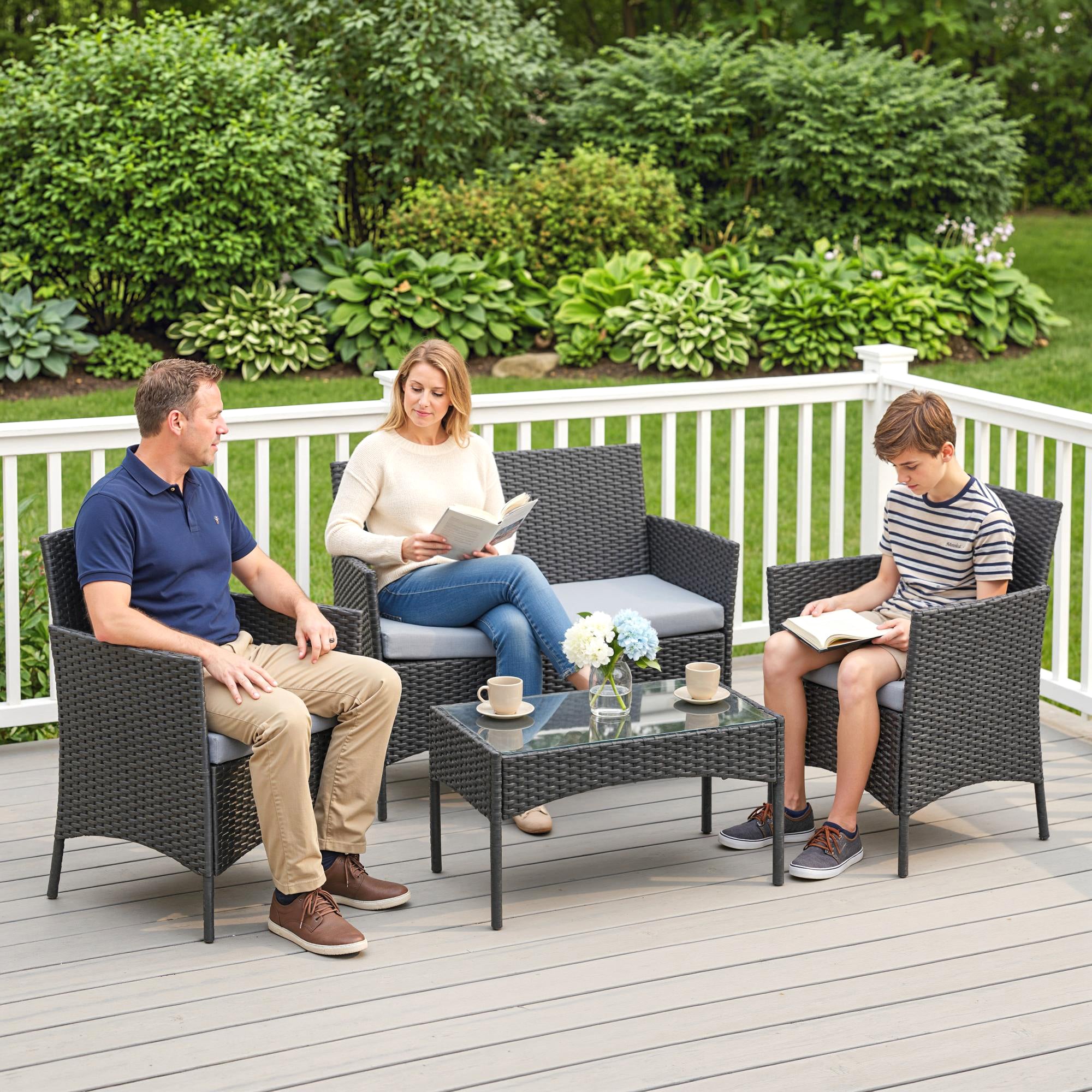Solarias Salon de jardin extérieur 4 personnes en résine tressée avec canapés et table basse en verre trempé coussins inclus