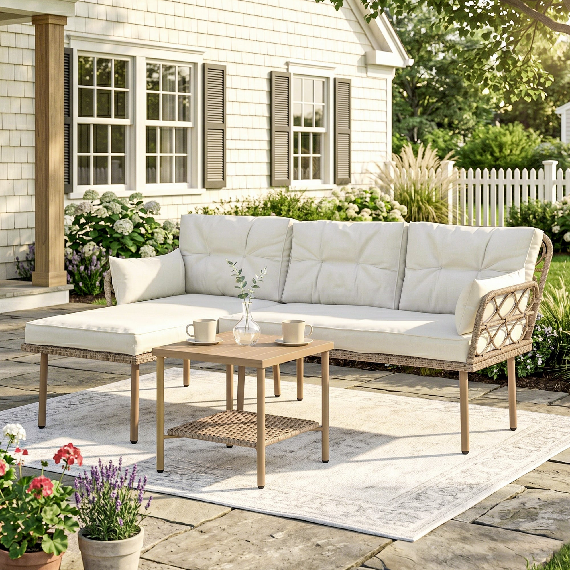 Solarias Salon de jardin d'angle 4 pers. 3 pièces avec 1 table basse coussins grand confort inclus résine tressée crème