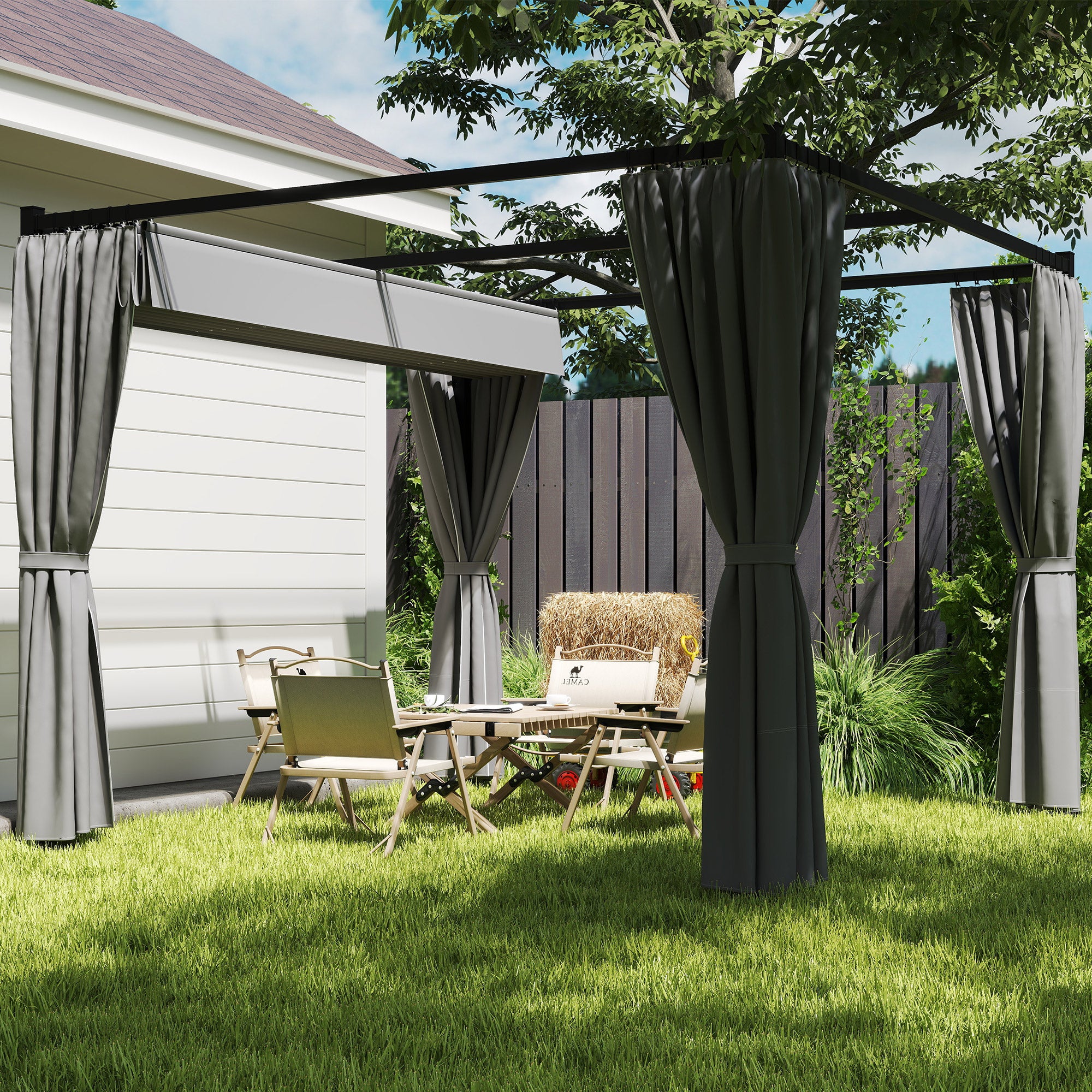 Solarias Pergola de Jardin avec Toit Rétractable et Rideaux, en Métal et Polyester, 300x300x227 cm, Gris clair