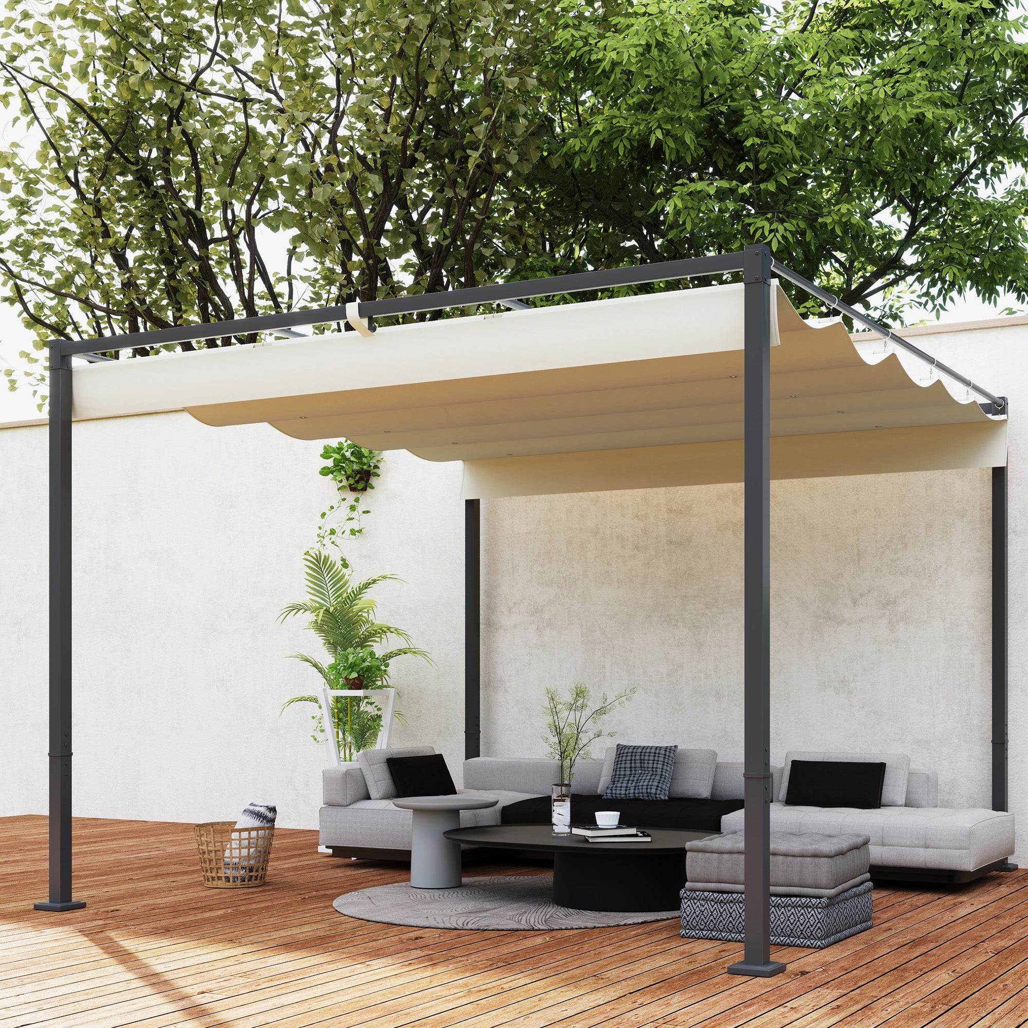 Solarias Pergola de jardin 3 x 3 m avec auvent rétractable, pavillon, toile pour l'ombre, UPF30+, Beige