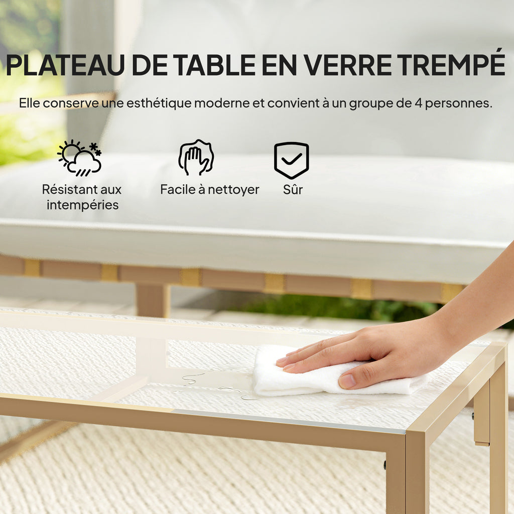 Solarias Salon de jardin extérieur 4 pièces avec coussins ultra-épais 15cm canapé 2 places avec table basse et 2 fauteuils k