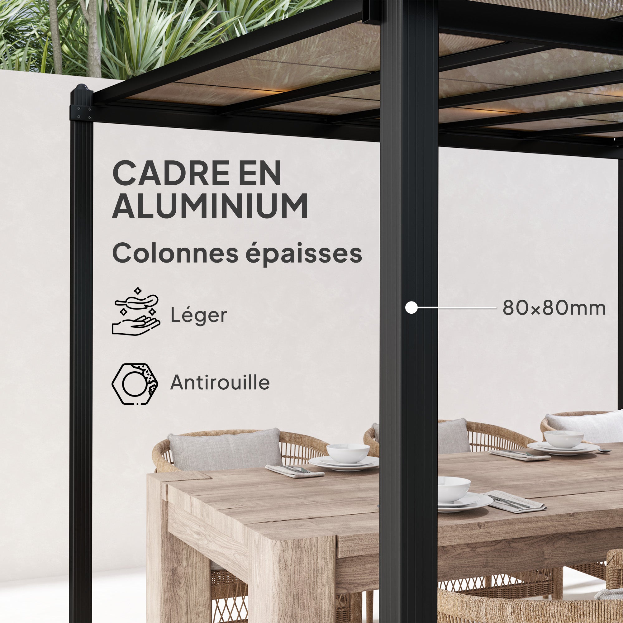 Solarias Pergola jardin extérieur en aluminium 3 x 3 m avec toit en polycarbonate imperméable et système de drainage, gris
