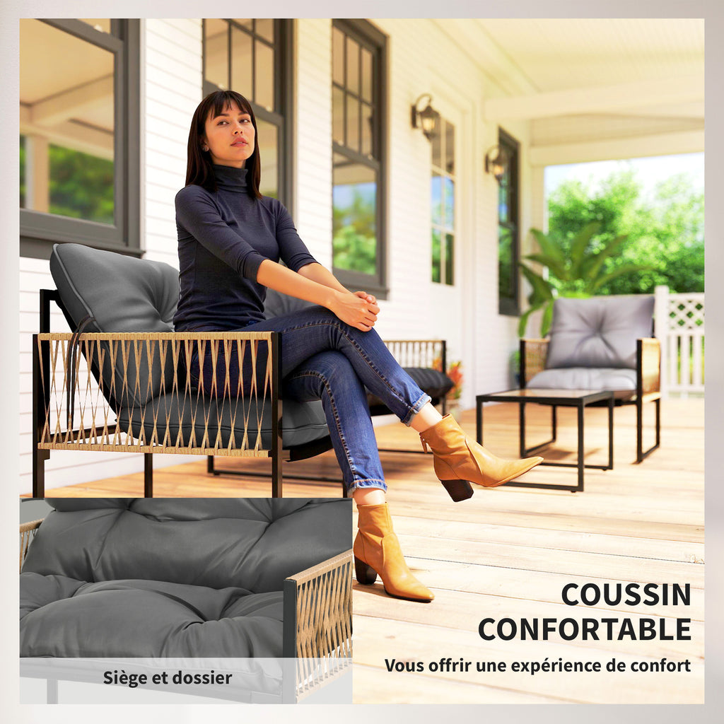 Solarias Ensemble salon de jardin 4 pièces canapé 2 places 2 fauteuils et 1 table basse plateau verre trempé 3 coussins - gr