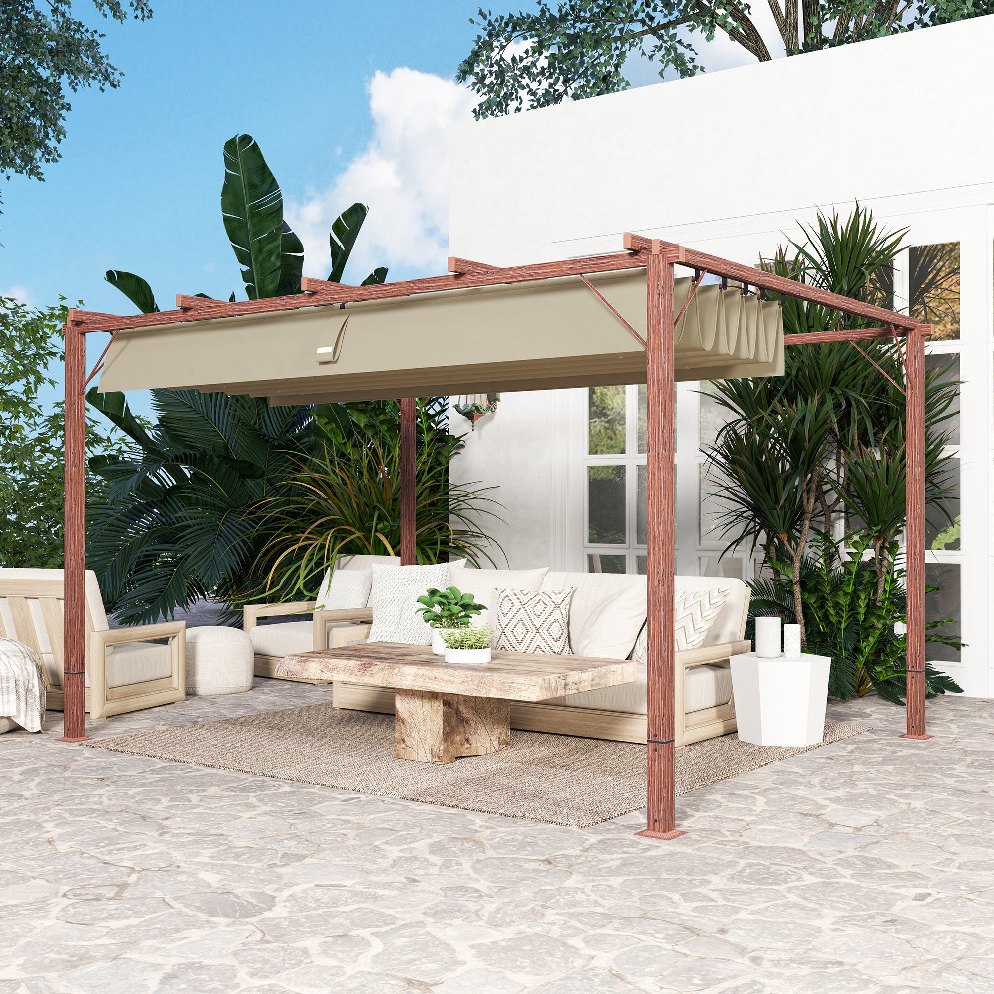 Solarias Pergola de jardin 3 x 4 m, Toit de terrasse réglable, Cadre en aluminium, Protection solaire UPF30+, Bois naturel