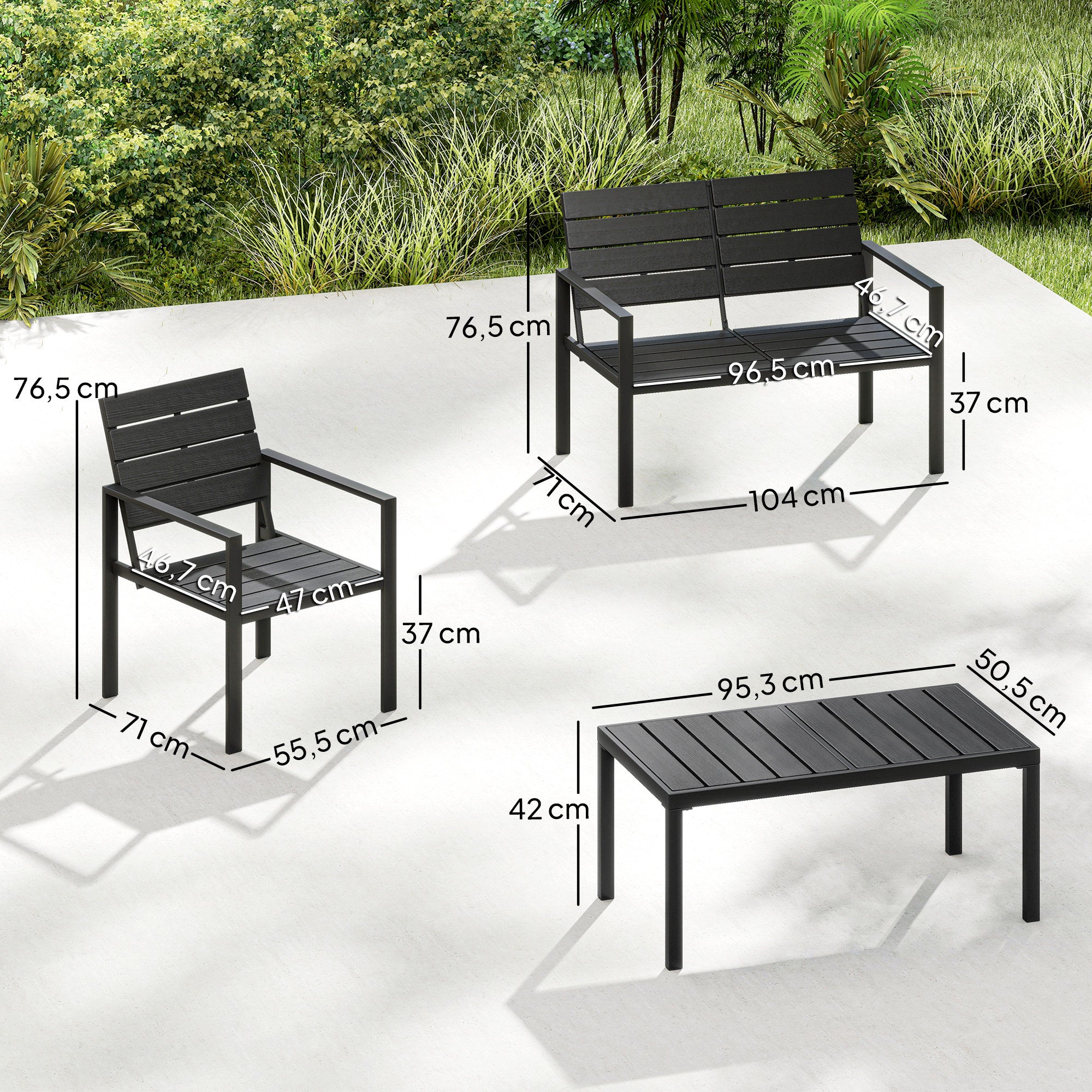 Solarias Salon de jardin extérieur 4 pièces canapé 2 places, 2 chaises et table basse, mobilier de jardin terrasse veranda, 