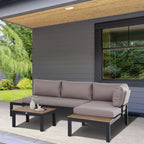 Solarias Ensemble Salon de Jardin d'angle Design Contemporain 5 Places Coussins Marron Table Basse alu. Noir et Imitation Bo