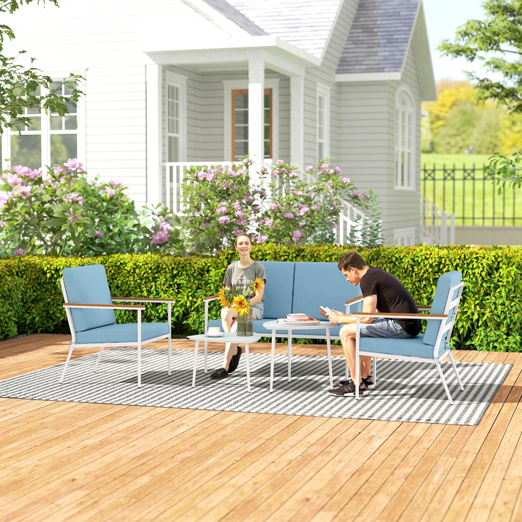 Solarias Salon de jardin extérieur 4 personnes, salon de balcon 5 pièces avec canapé, 2 fauteuils et 2 tables basses bleu cl