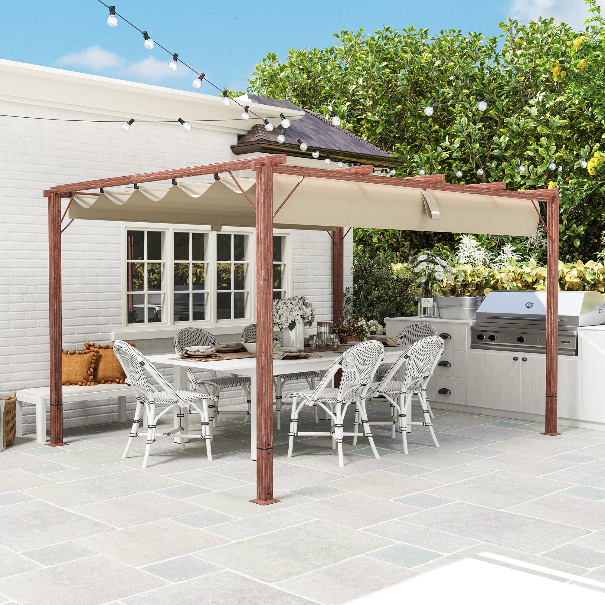 Solarias Pergola de jardin 3 x 4 m, Toit de terrasse réglable, Cadre en aluminium, Protection solaire UPF30+, Bois naturel