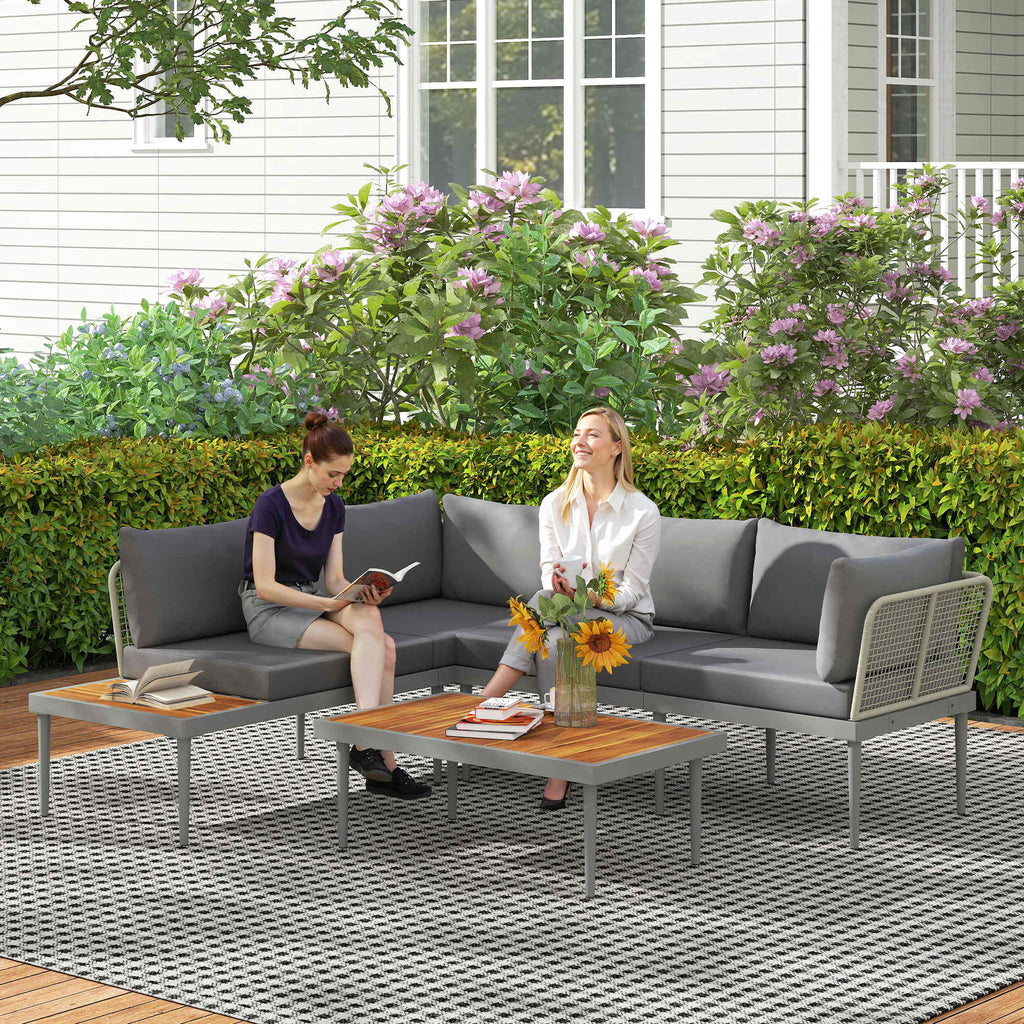 Solarias Salon de jardin extérieur 4 places modulable en bois d'acacia, canapé d'angle extérieur avec table basse et coussin