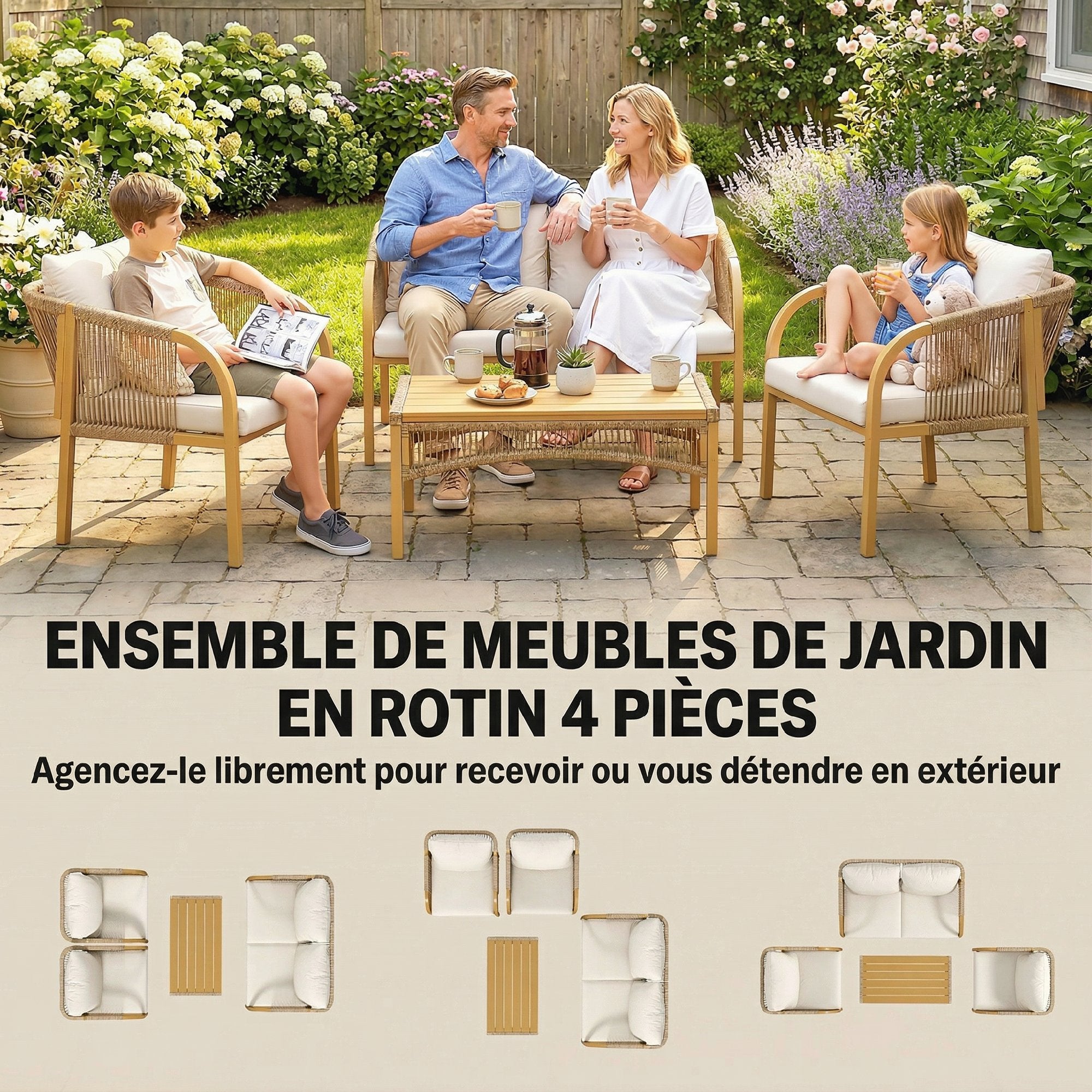 Solarias Salon de Jardin Extérieur 4 Pièces avec Canapé 2 Fauteuils Table Coussins, Acier Résine Tressée, 120x72x73cm, Kaki