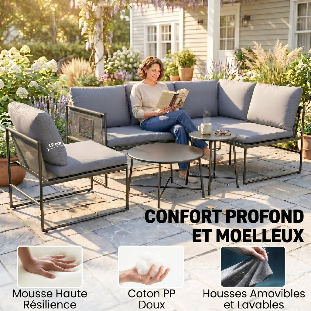 Solarias Salon de Jardin Extérieur 5 Pièces, 2 Canapés, 2 Tables, 1 Chaise, Pochette de Rangement, 182x167x65cm, Gris Foncé