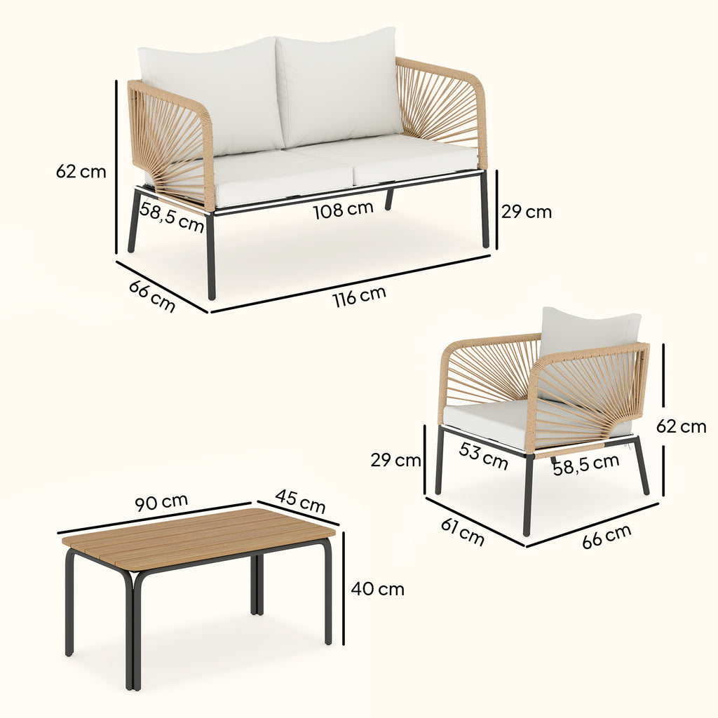 Solarias Ensemble de jardin pour 4 personnes, salon de jardin avec canapé 2 places, 2 fauteuils, table à lames, tressage cor
