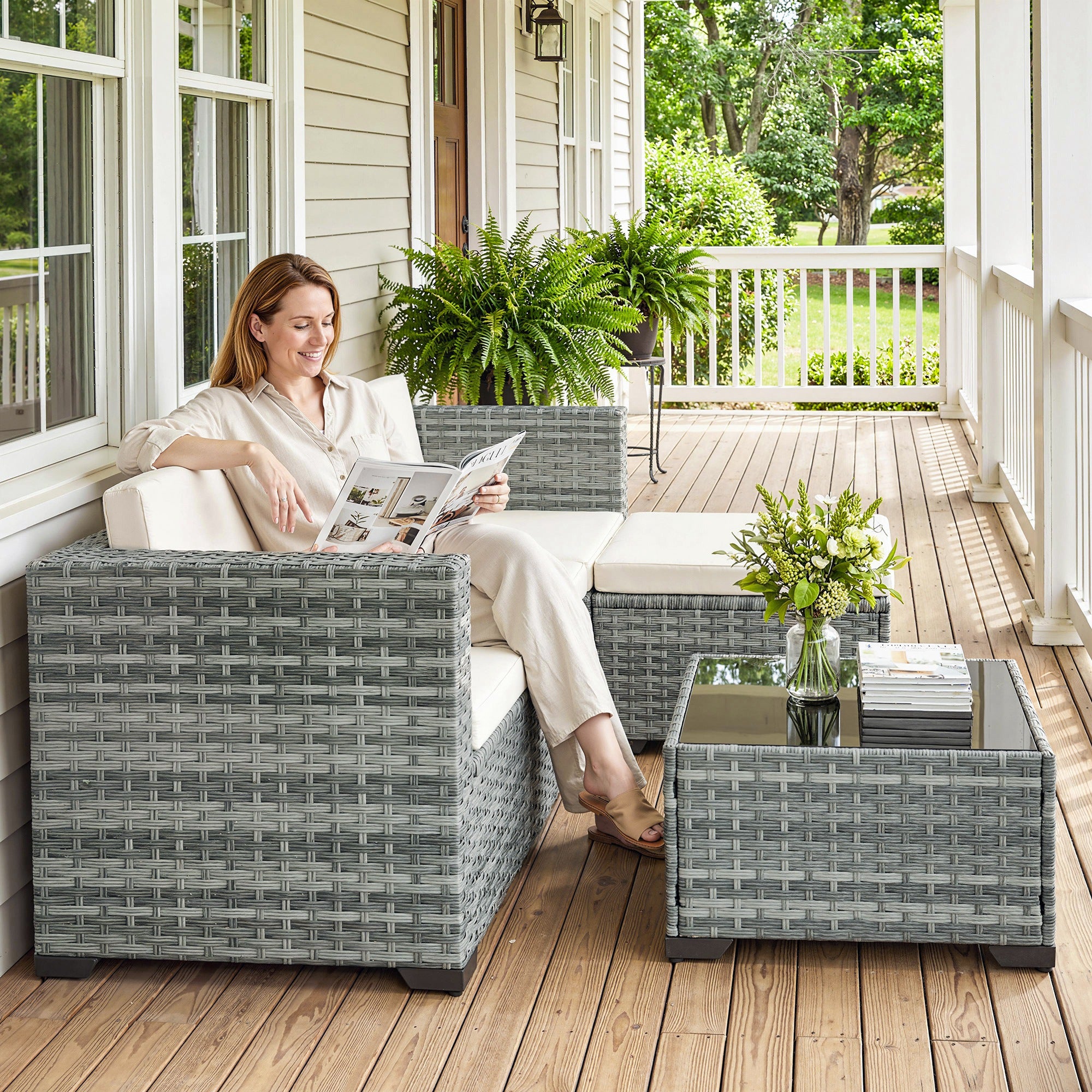 Solarias Ensemble de jardin Polyrattan 5 pièces, set lounge avec canapé d'angle, pouf, table, coussins d'assise et de dossie